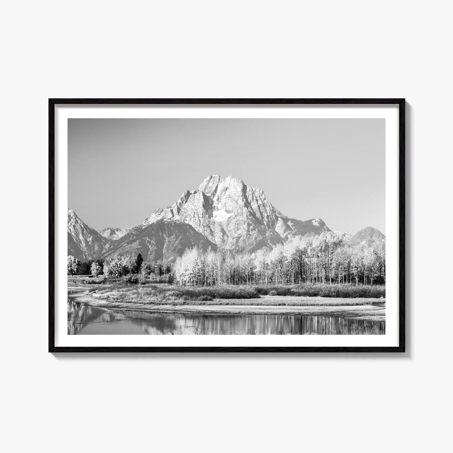 Grand Teton National Park black & white photo poster of Wyoming, USA – horizontal wall art, unframed print shown in interior 