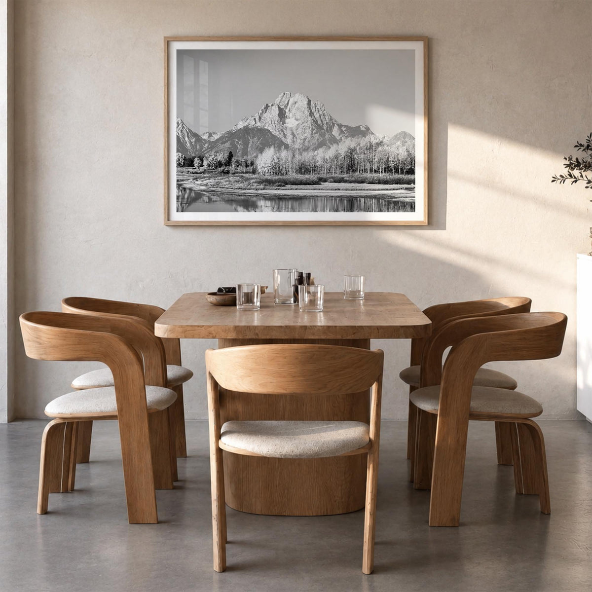 Grand Teton National Park black & white photo poster of Wyoming, USA – horizontal wall art in natural wood frame with white b