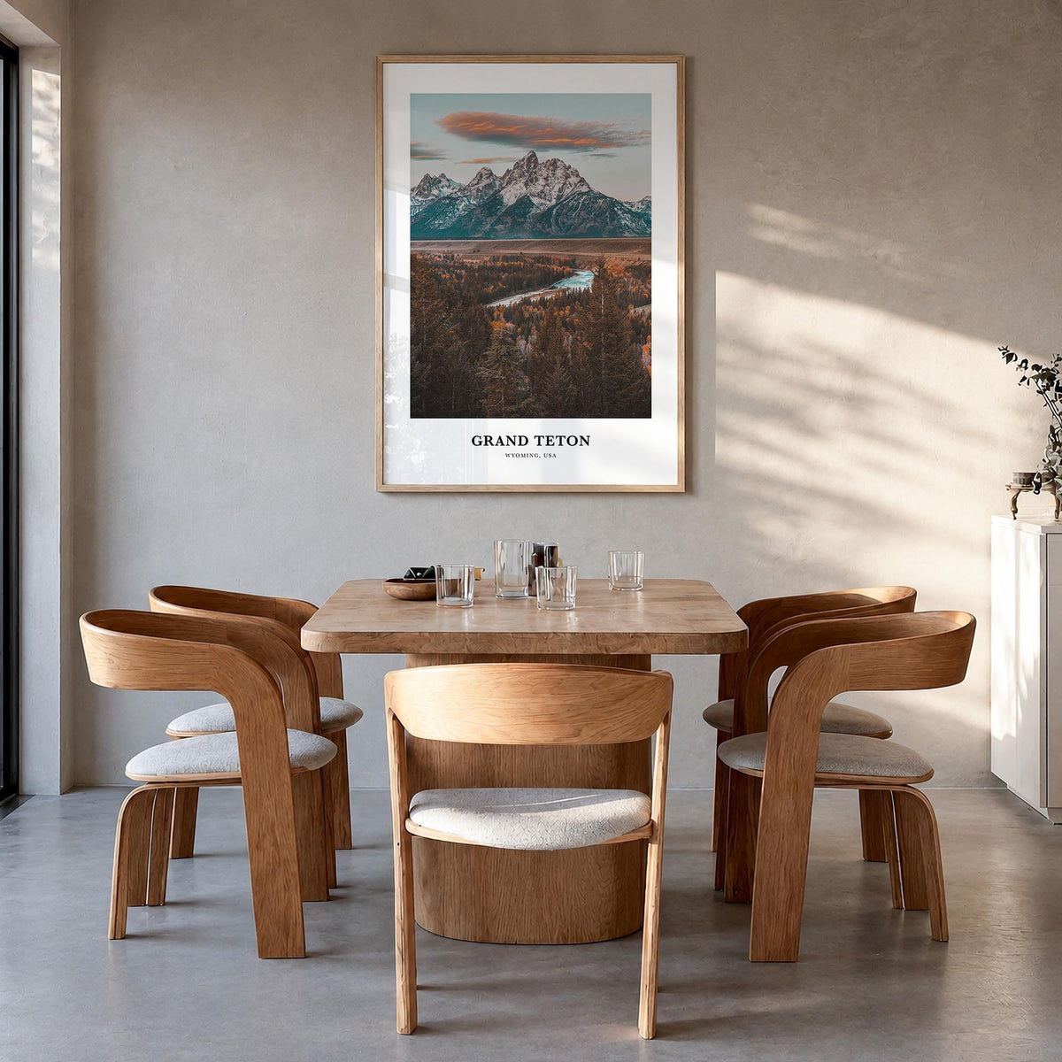 Grand Teton National Park colorful classic poster of Wyoming, USA – vertical wall art in natural wood frame, hanging on wall