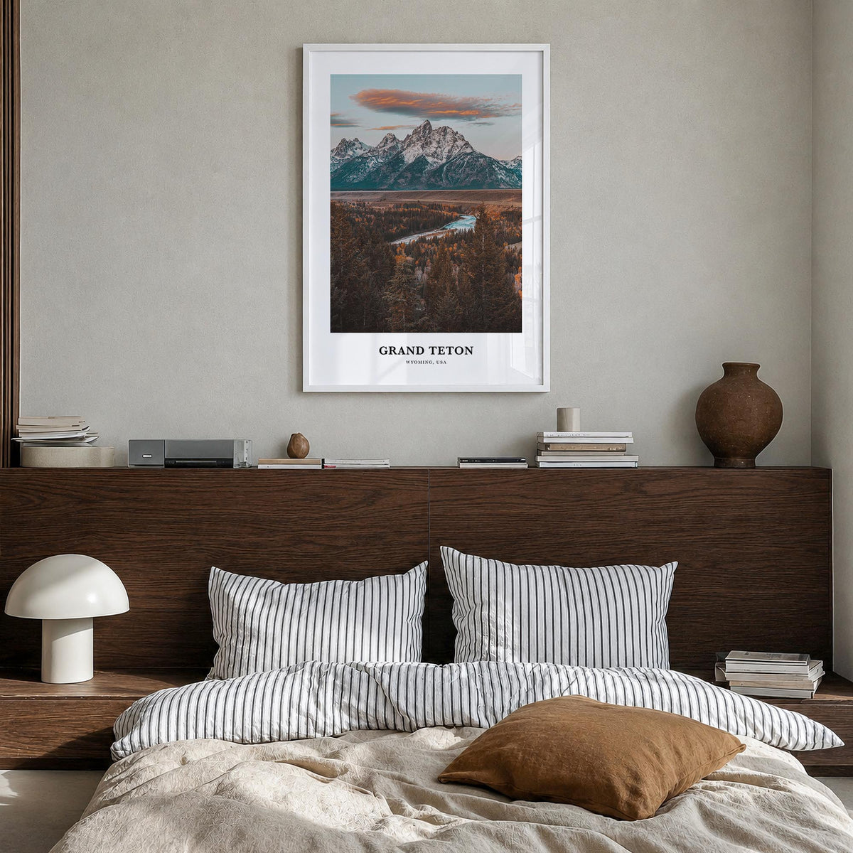 Grand Teton National Park colorful classic poster of Wyoming, USA – vertical wall art in white wood frame, hanging on wall