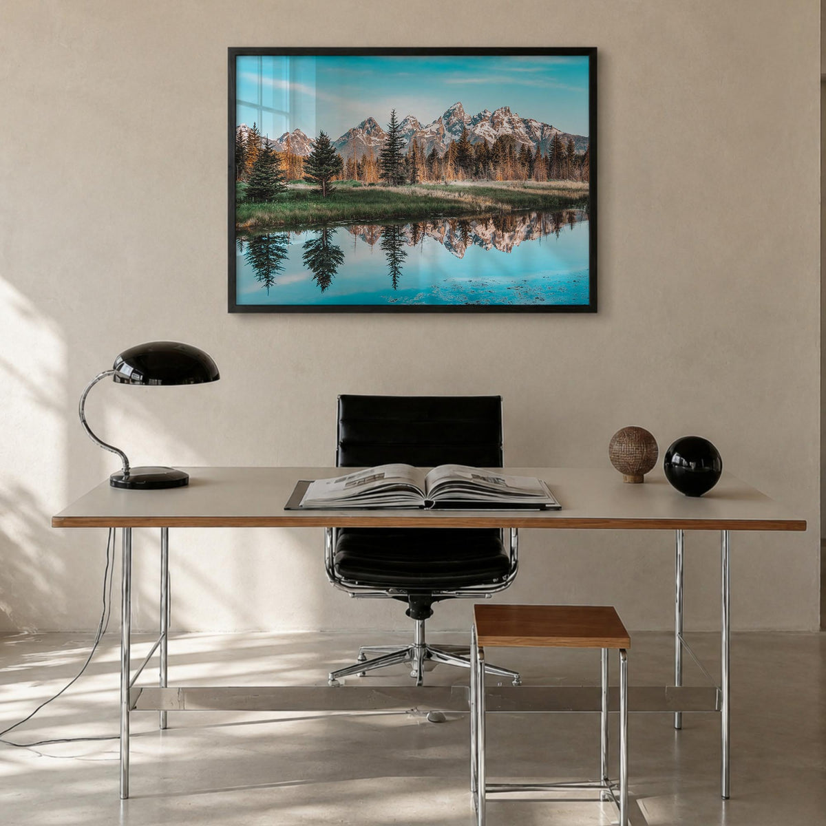 Grand Teton National Park colorful photo poster of Wyoming, USA – horizontal wall art in black wood frame, hanging on wall