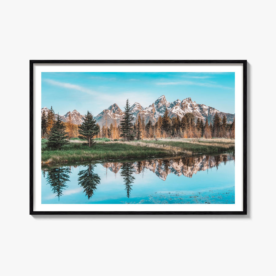 Grand Teton National Park colorful photo poster of Wyoming, USA – horizontal wall art, unframed print shown in interior mocku