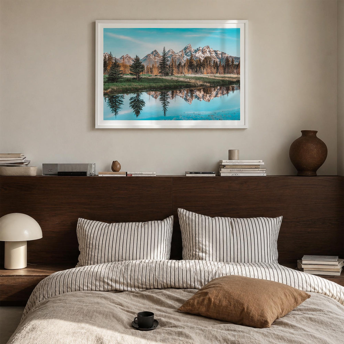 Grand Teton National Park colorful photo poster of Wyoming, USA – horizontal wall art in white wood frame with white border, 