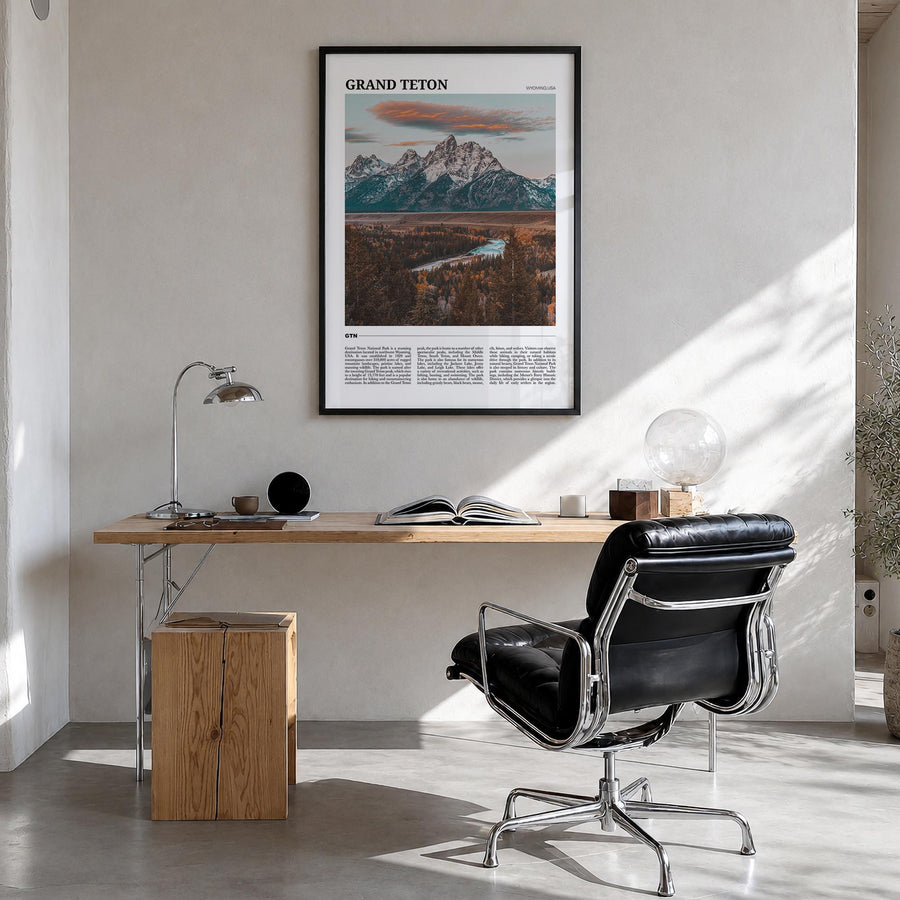Grand Teton National Park colorful travel poster of Wyoming, USA – vertical wall art in black wood frame, hanging on wall
