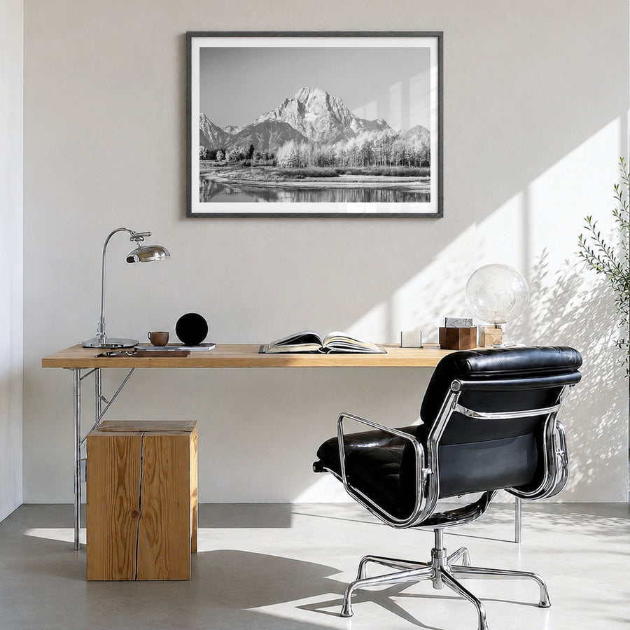 Grand Teton National Park Photo Poster in a black wood frame, hanging in a bright home office, white border