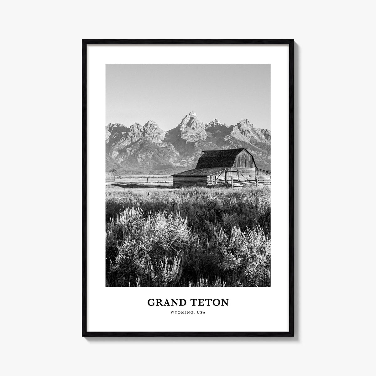 Grand Teton National Park no. 1 black & white classic poster of Wyoming, USA – vertical wall art, unframed print shown in int
