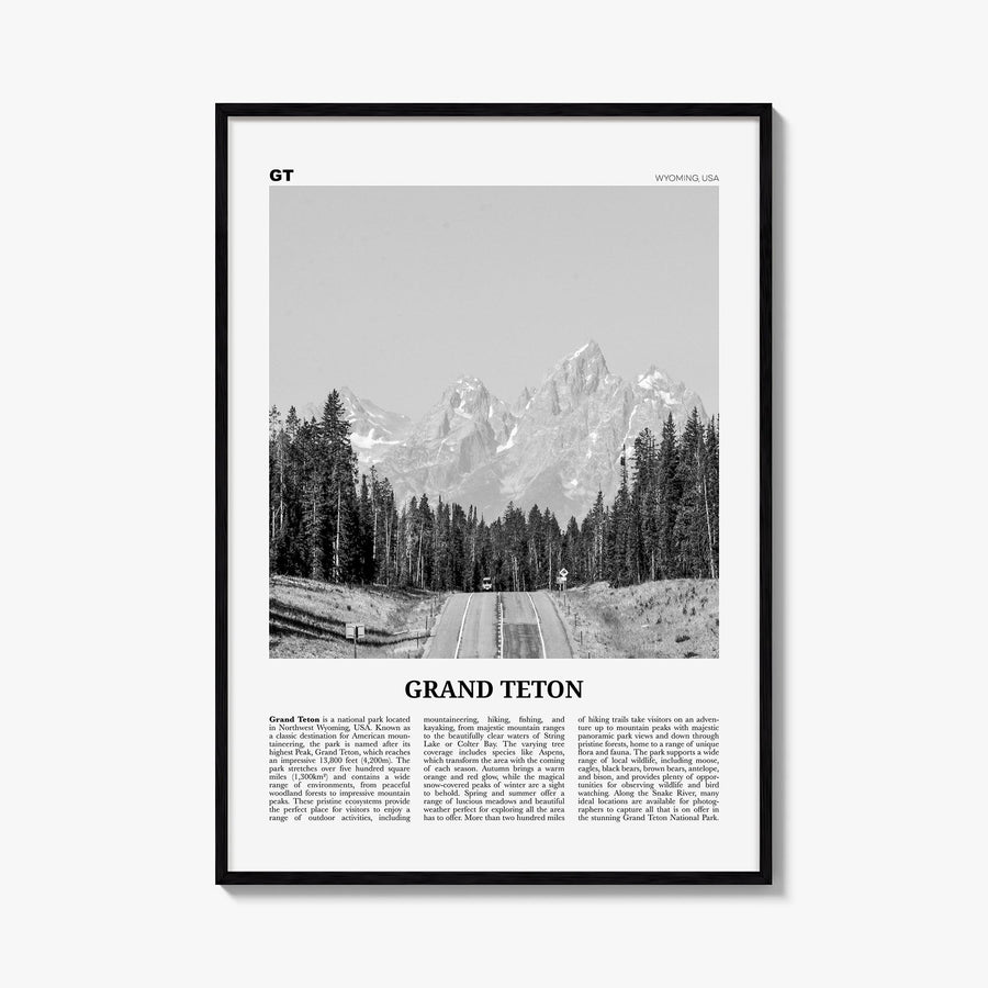 Grand Teton National Park no. 1 black & white newspaper poster of Wyoming, USA – vertical wall art, unframed print shown in i