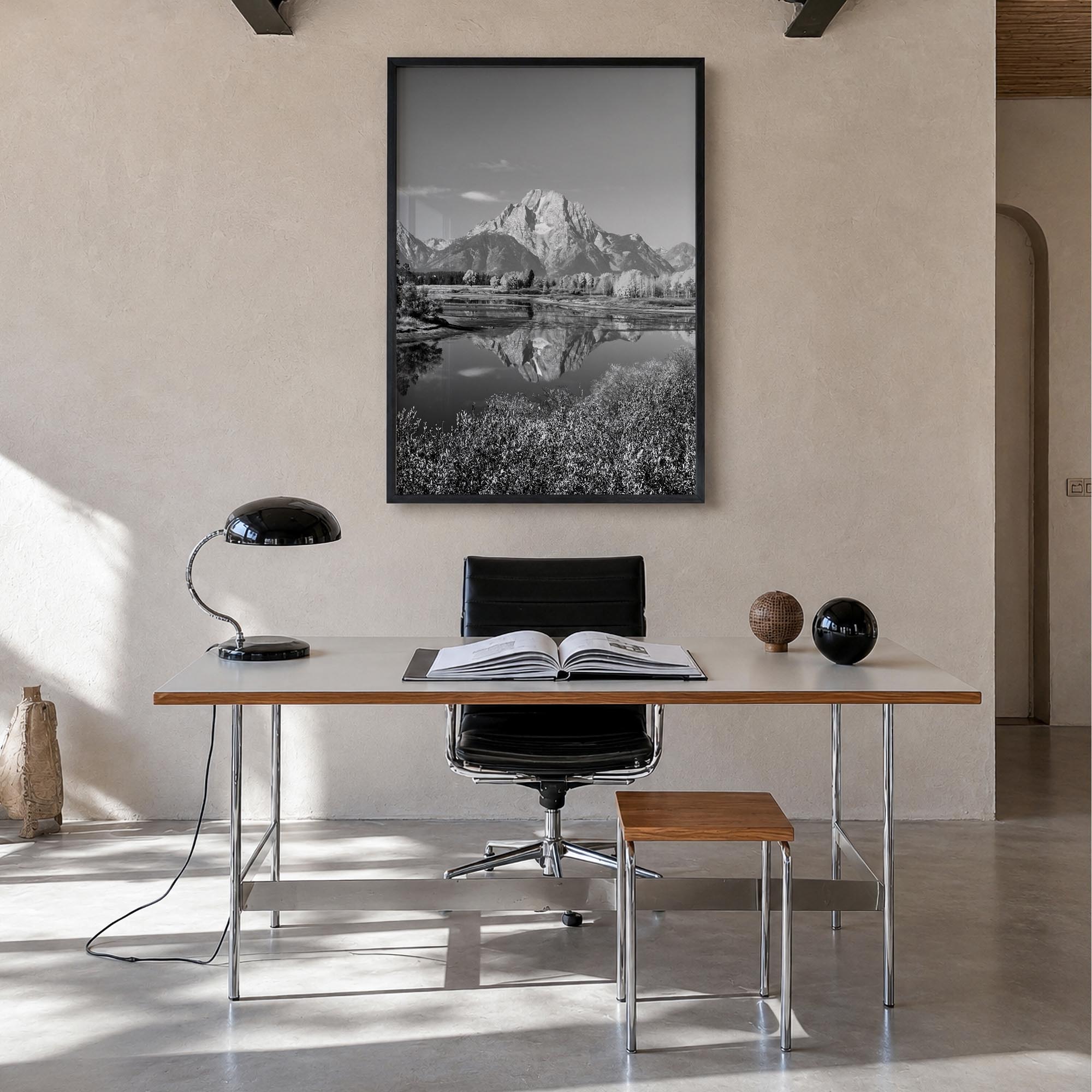 Grand Teton National Park no. 1 black & white photo poster of Wyoming, USA – vertical wall art in black wood frame, hanging o