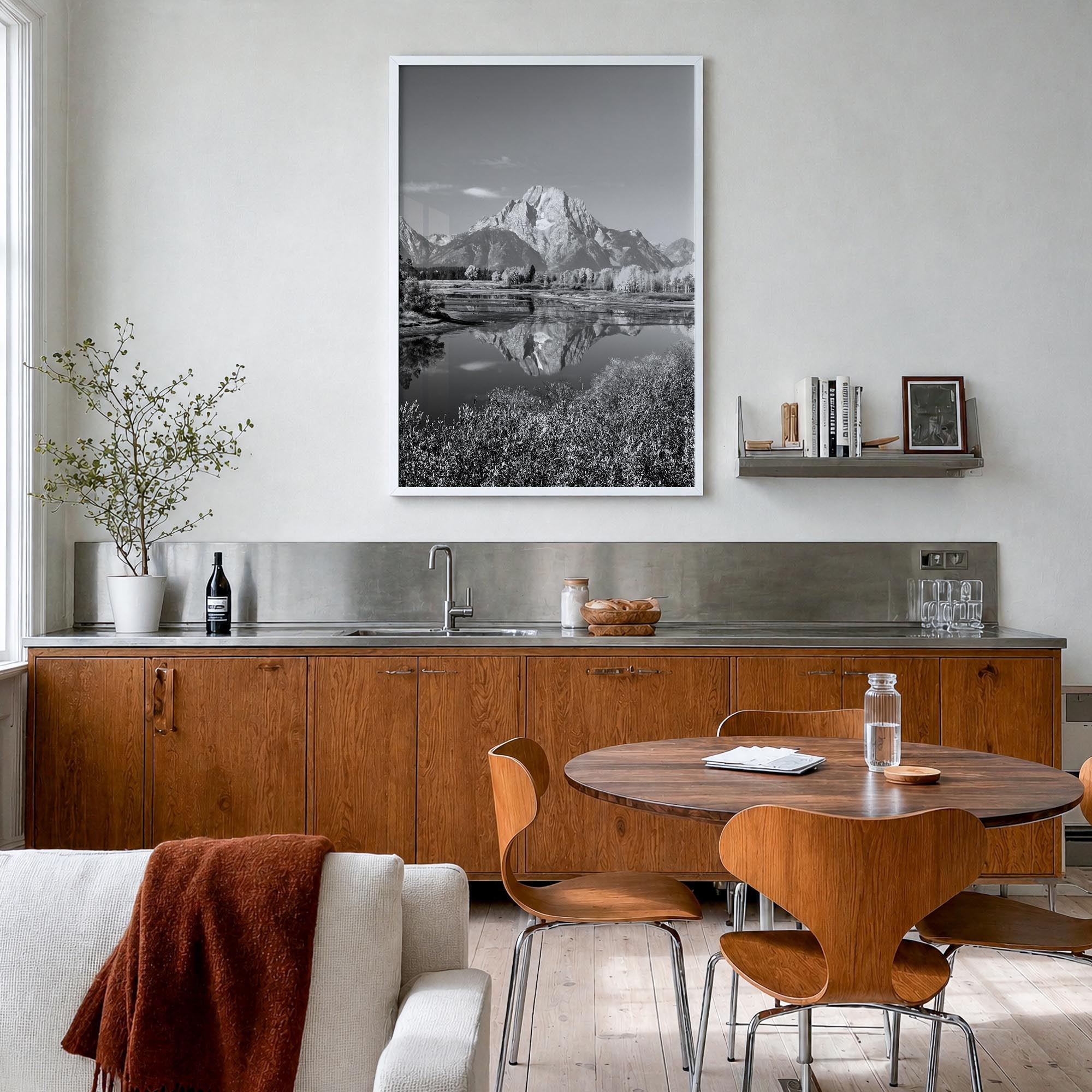 Grand Teton National Park no. 1 black & white photo poster of Wyoming, USA – vertical wall art in white wood frame, hanging o