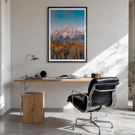 Grand Teton National Park no. 1 colorful photo poster of Wyoming, USA – vertical wall art in black wood frame with white bord