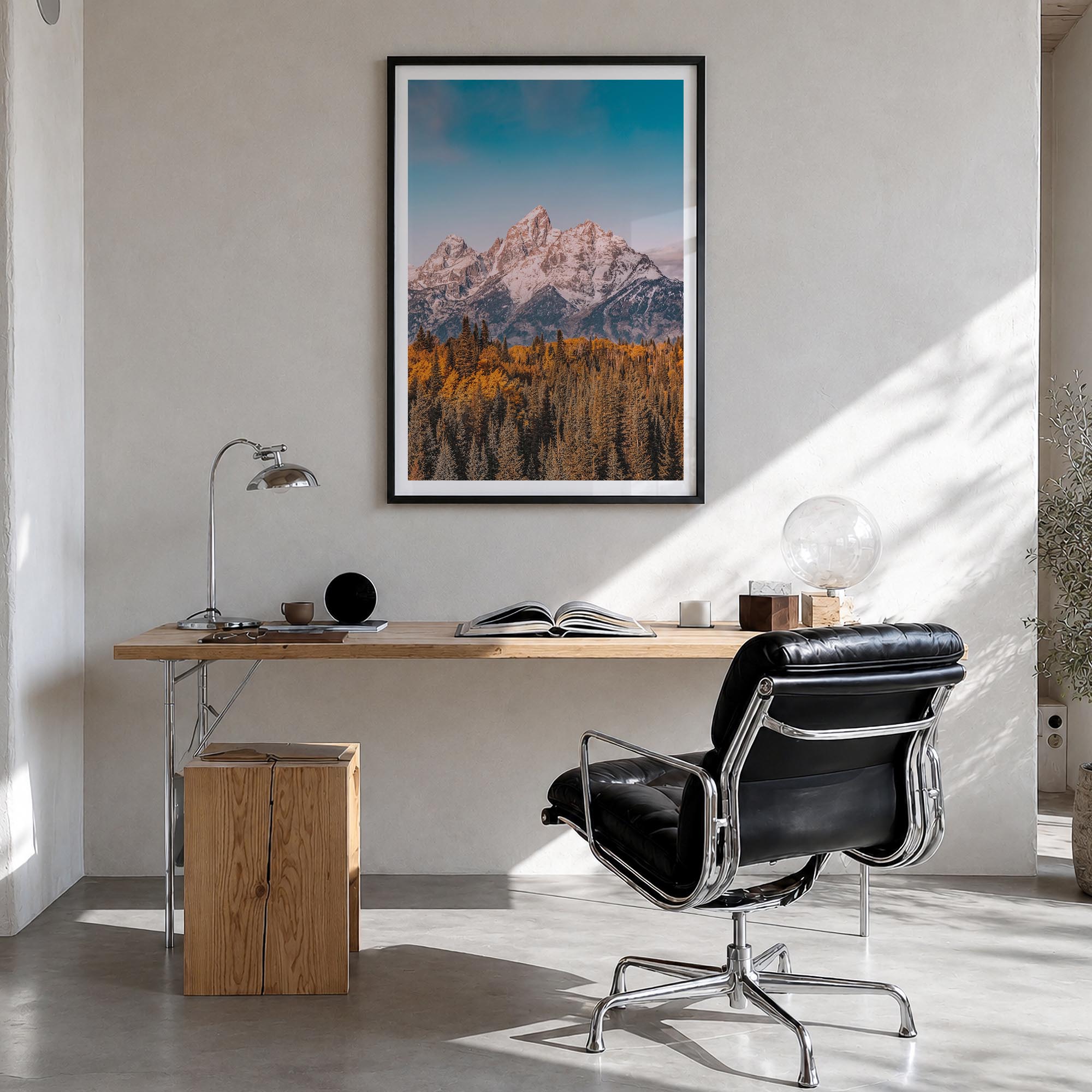 Grand Teton National Park no. 1 colorful photo poster of Wyoming, USA – vertical wall art in black wood frame with white bord