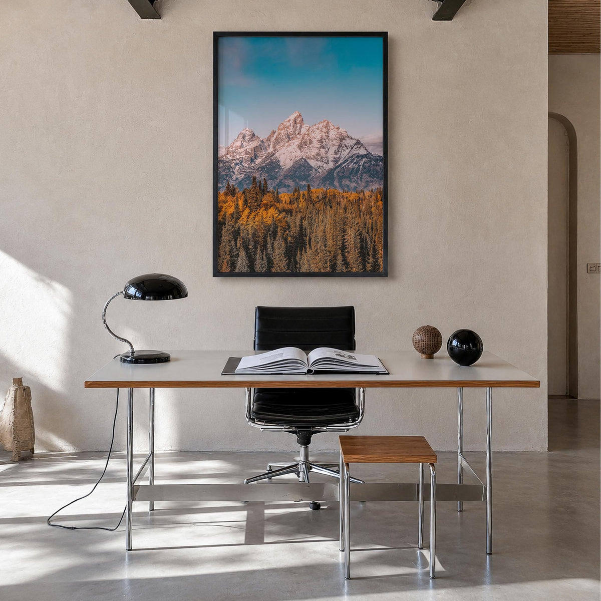 Grand Teton National Park no. 1 colorful photo poster of Wyoming, USA – vertical wall art in black wood frame, hanging on wal