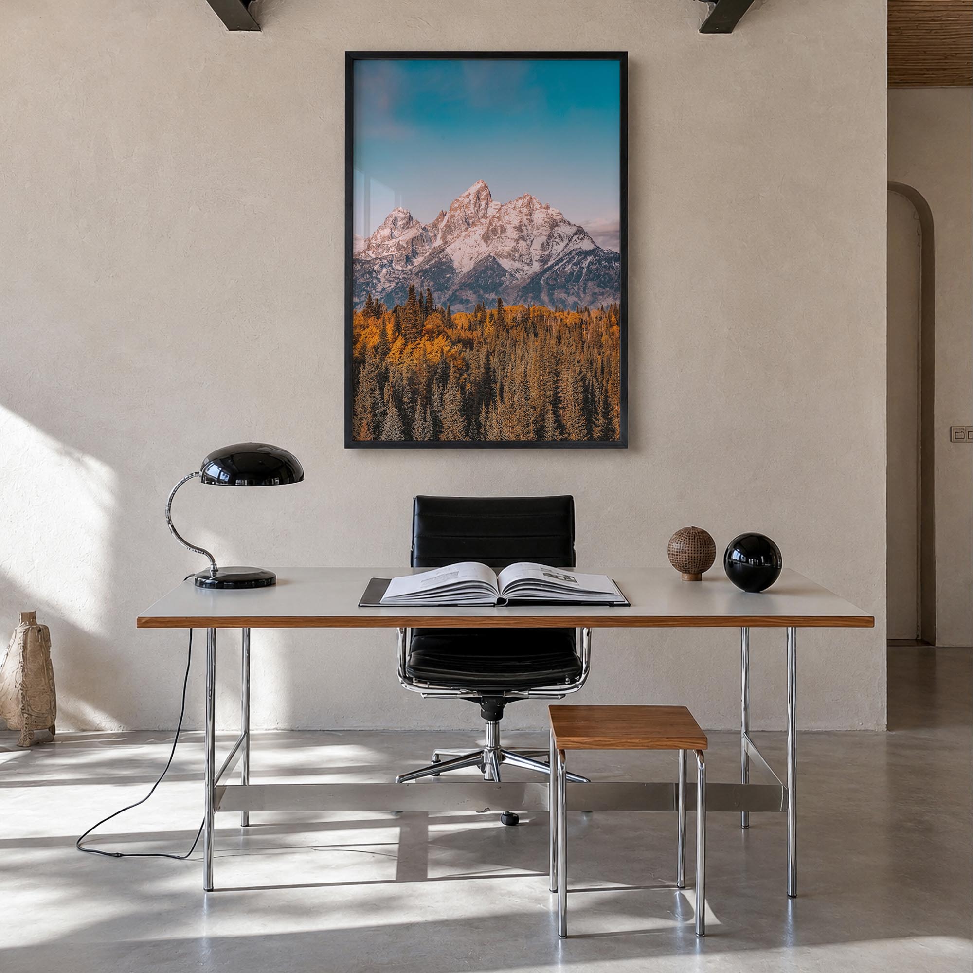 Grand Teton National Park no. 1 colorful photo poster of Wyoming, USA – vertical wall art in black wood frame, hanging on wal