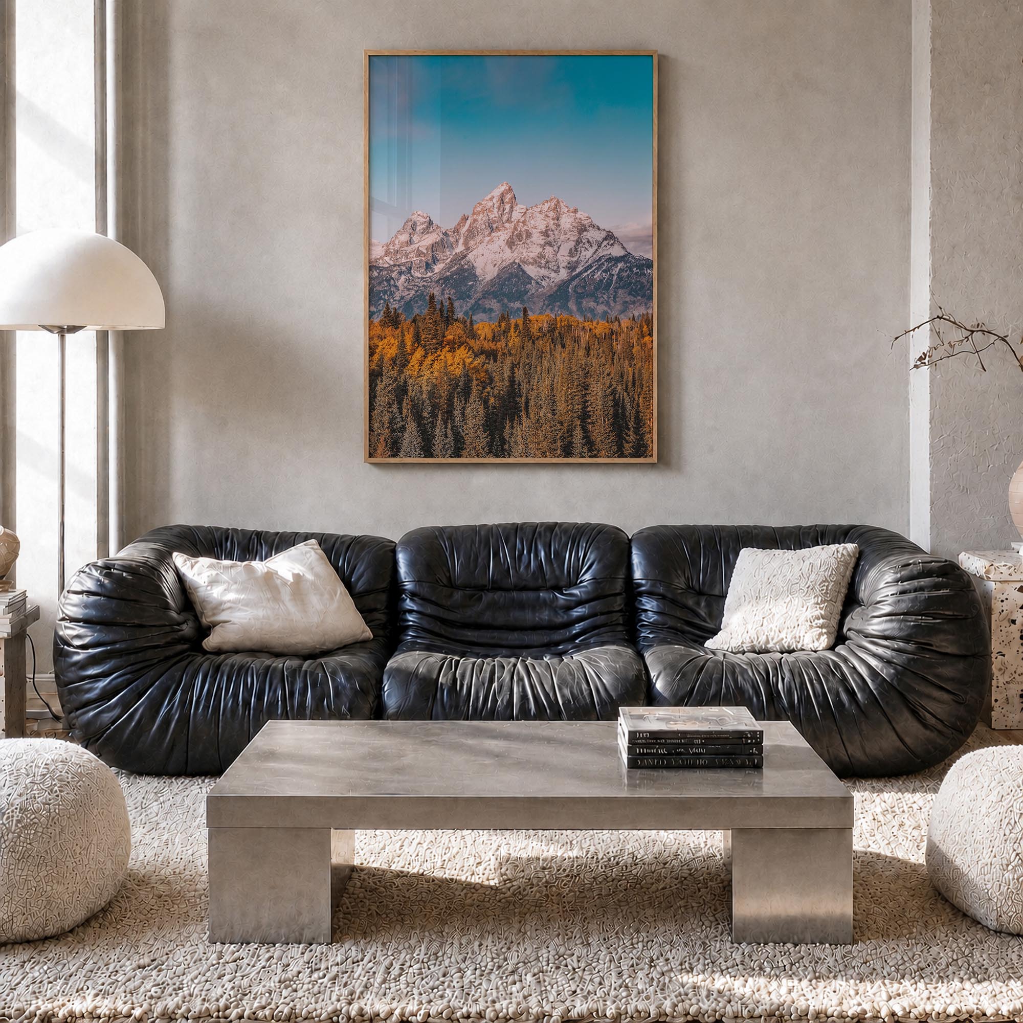 Grand Teton National Park no. 1 colorful photo poster of Wyoming, USA – vertical wall art in natural wood frame, hanging on w