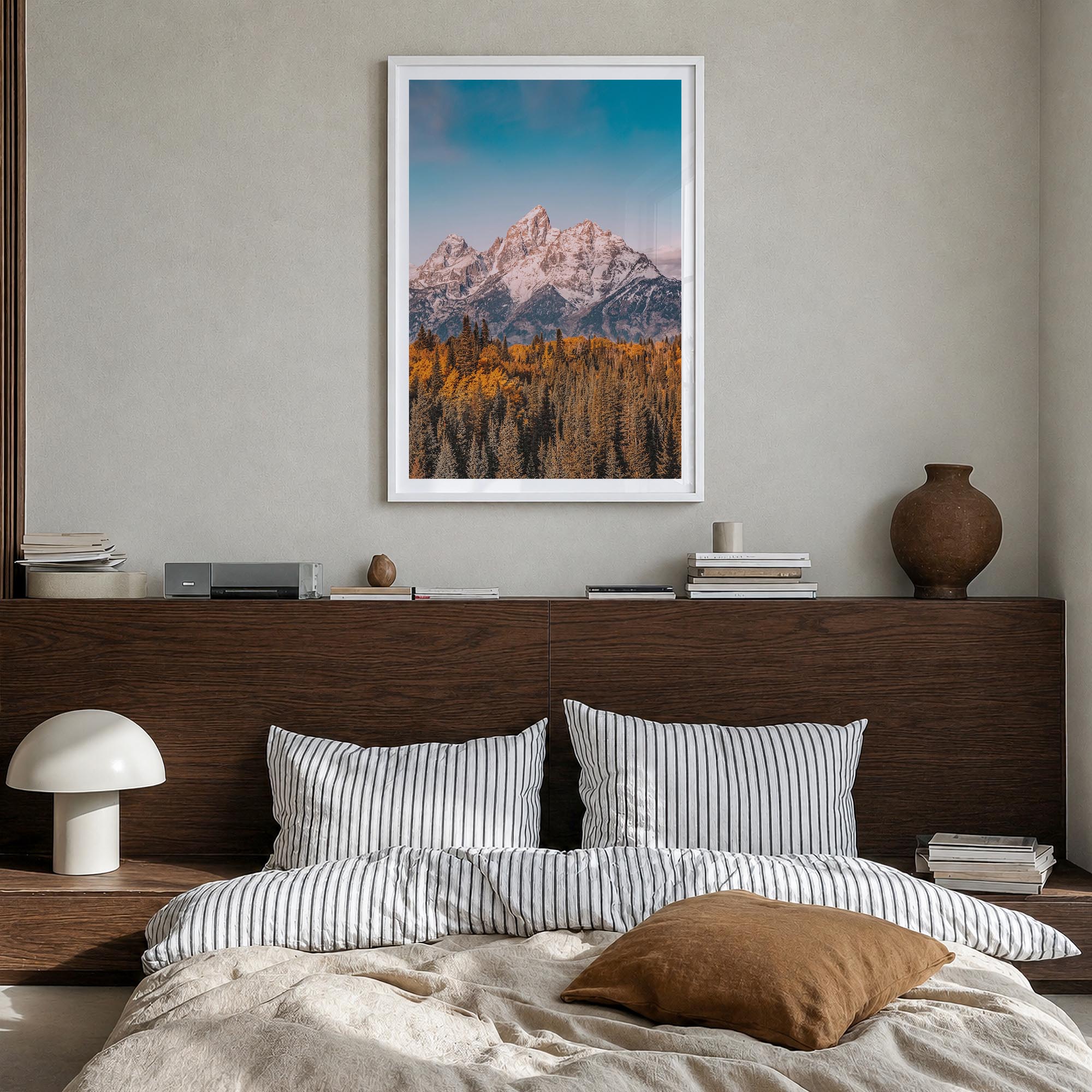 Grand Teton National Park no. 1 colorful photo poster of Wyoming, USA – vertical wall art in white wood frame with white bord