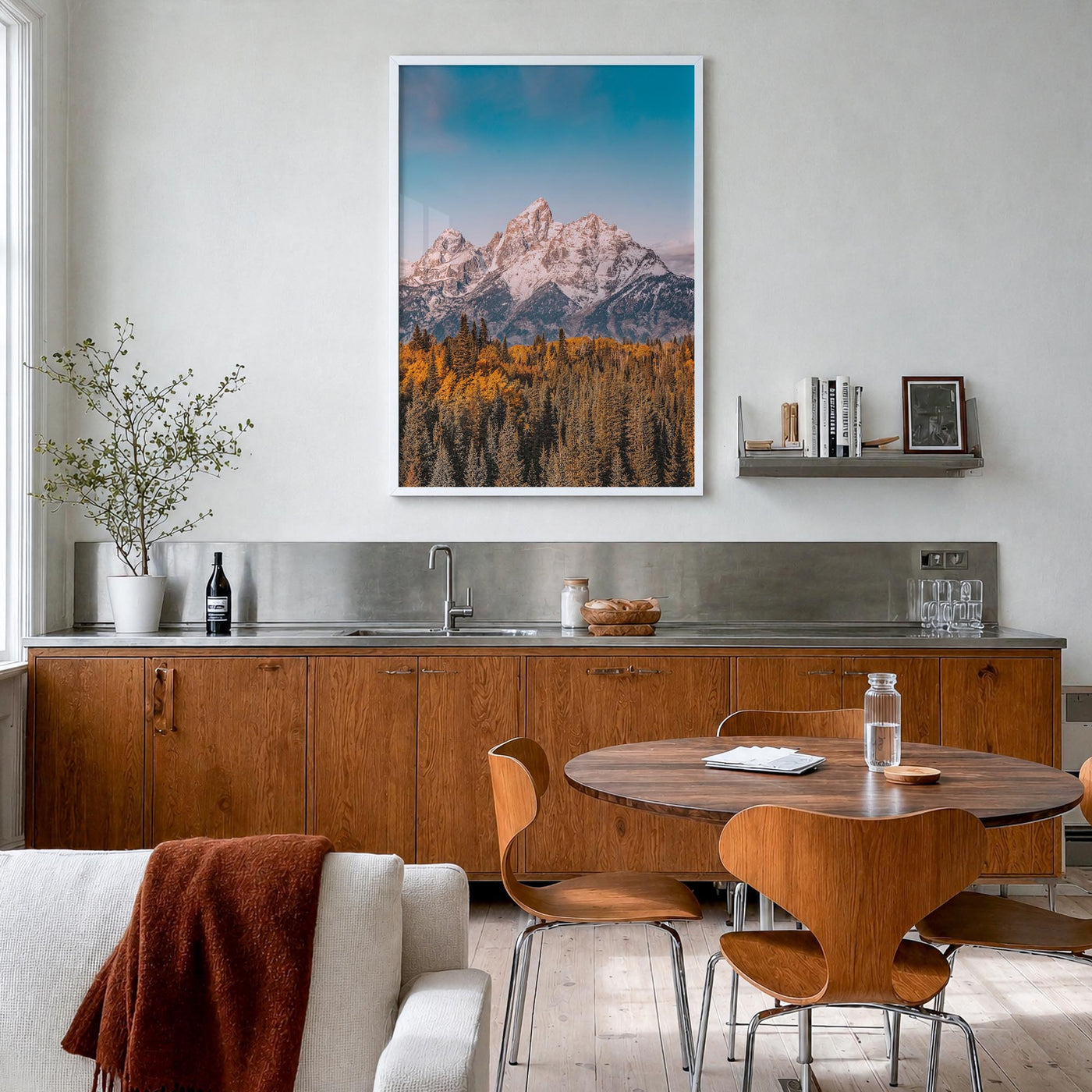 Grand Teton National Park no. 1 colorful photo poster of Wyoming, USA – vertical wall art in white wood frame, hanging on wal