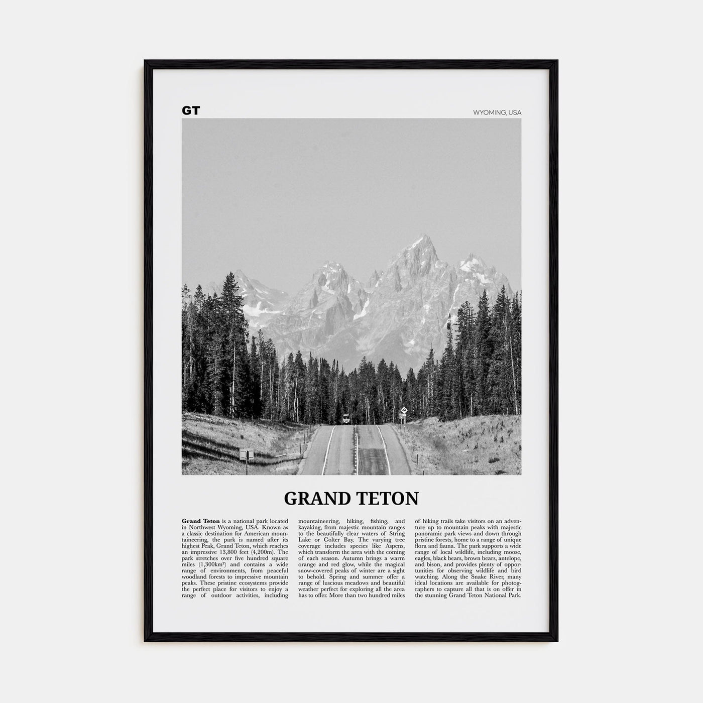 Grand Teton National Park No 1 Poster Black Wood / 8x12 in Nbourhood Travel B&W Poster