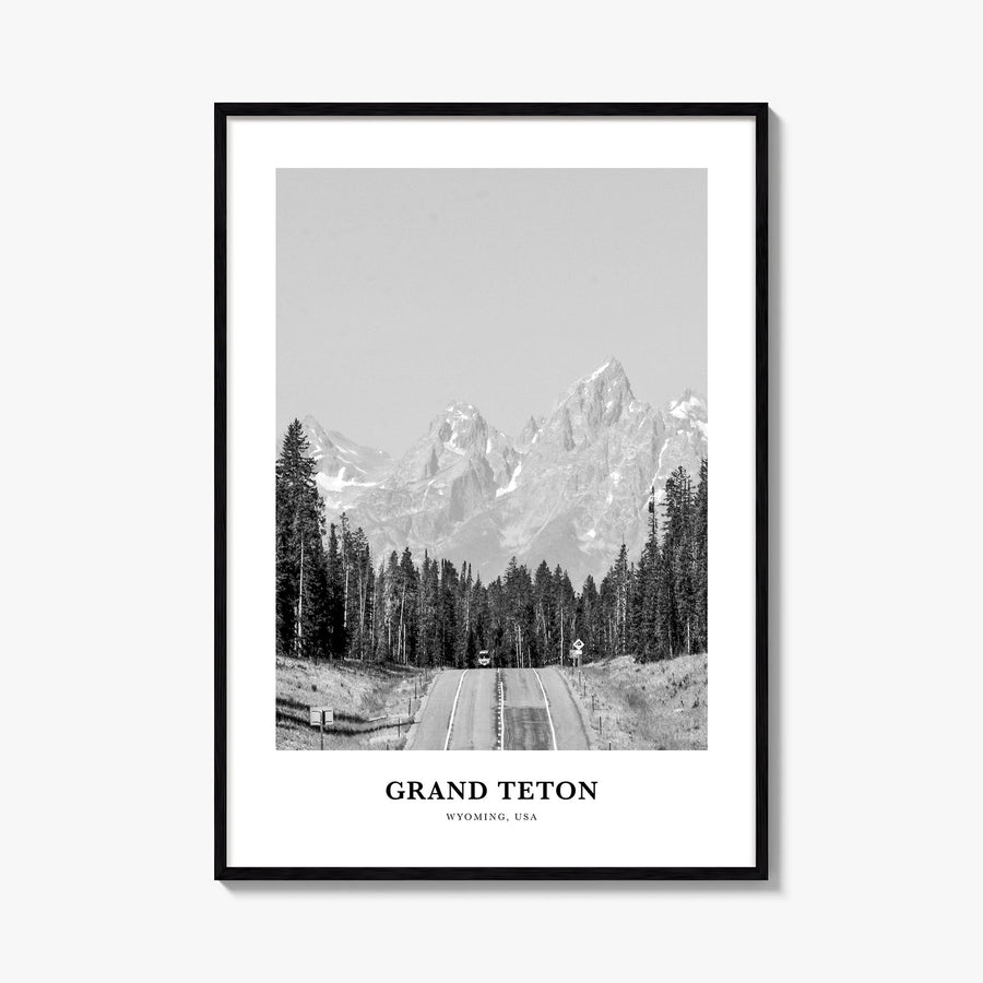 Grand Teton National Park no. 2 black & white classic poster of Wyoming, USA – vertical wall art, unframed print shown in int