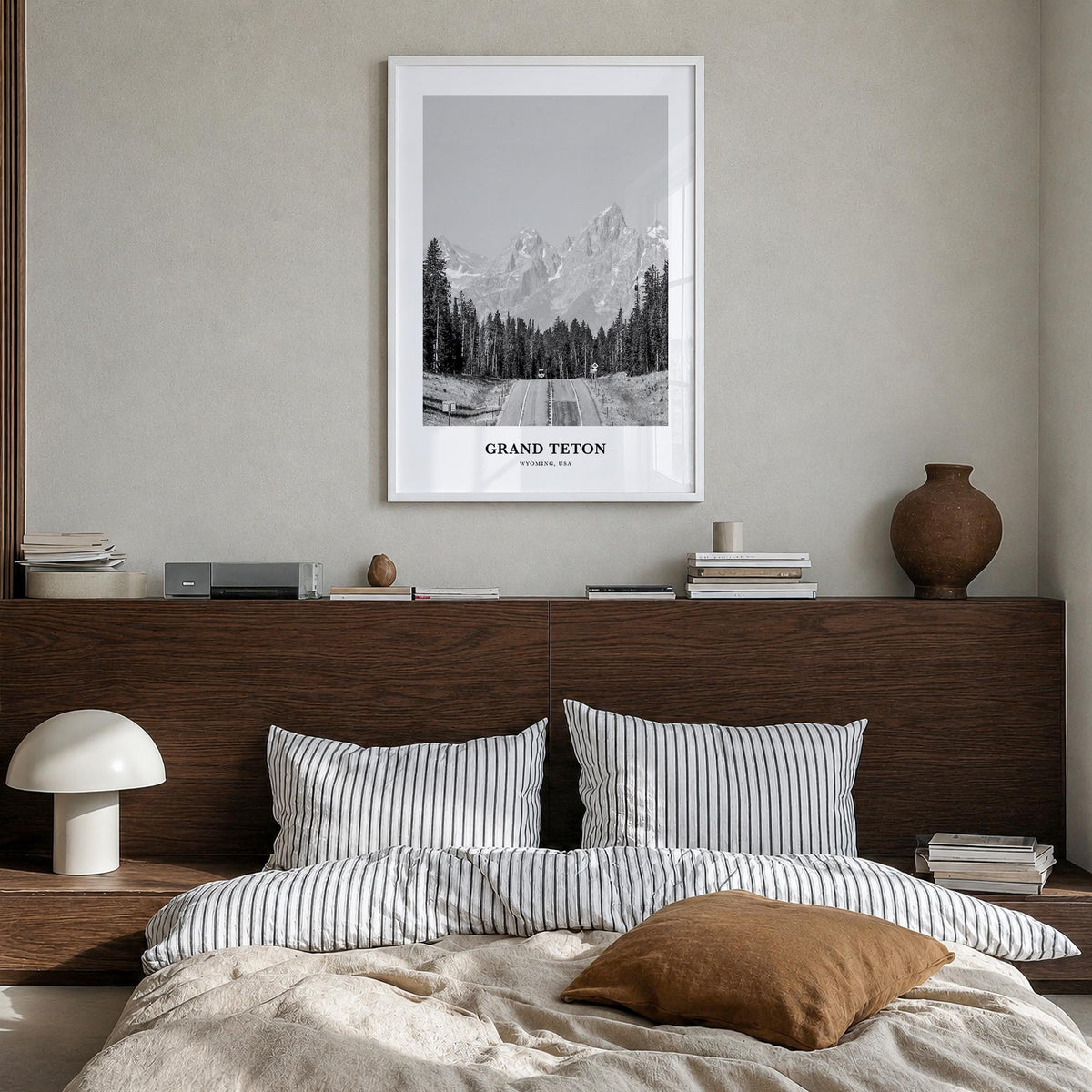 Grand Teton National Park no. 2 black & white classic poster of Wyoming, USA – vertical wall art in white wood frame, hanging