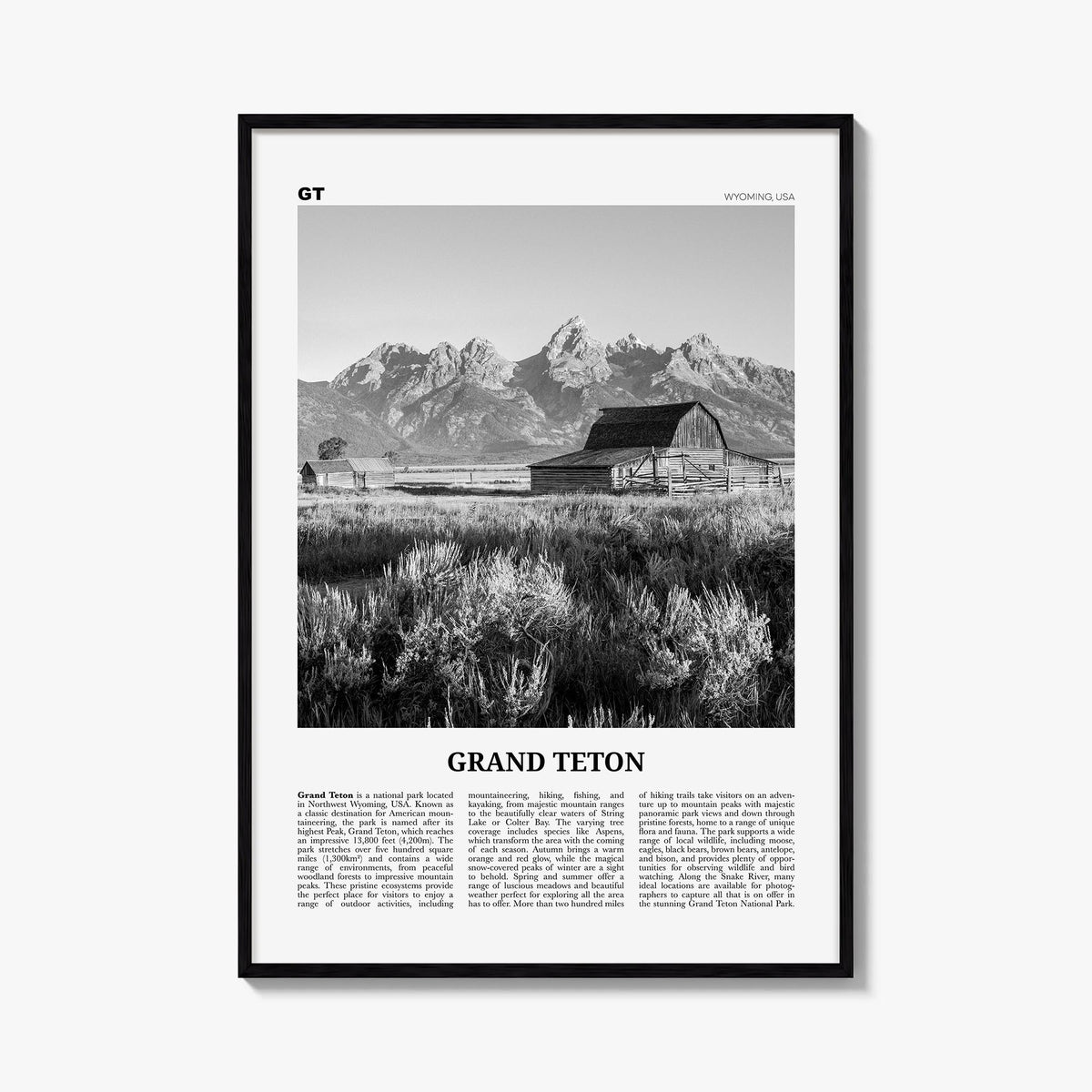 Grand Teton National Park no. 2 black & white newspaper poster of Wyoming, USA – vertical wall art, unframed print shown in i