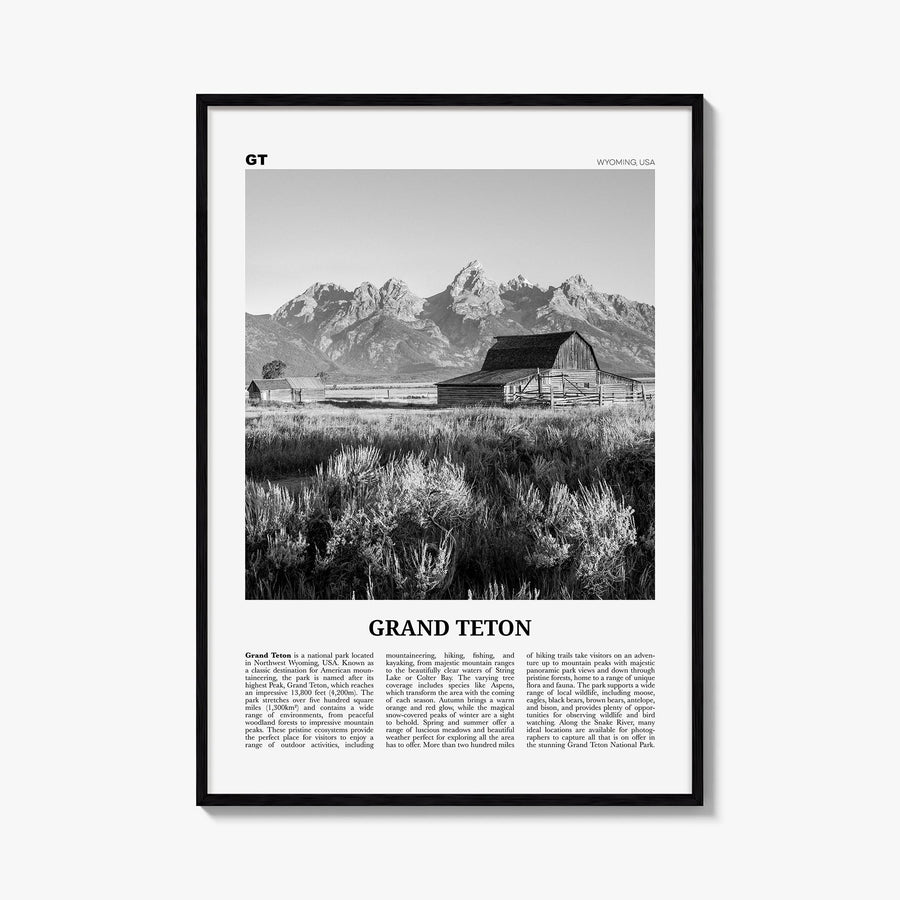 Grand Teton National Park no. 2 black & white newspaper poster of Wyoming, USA – vertical wall art, unframed print shown in i