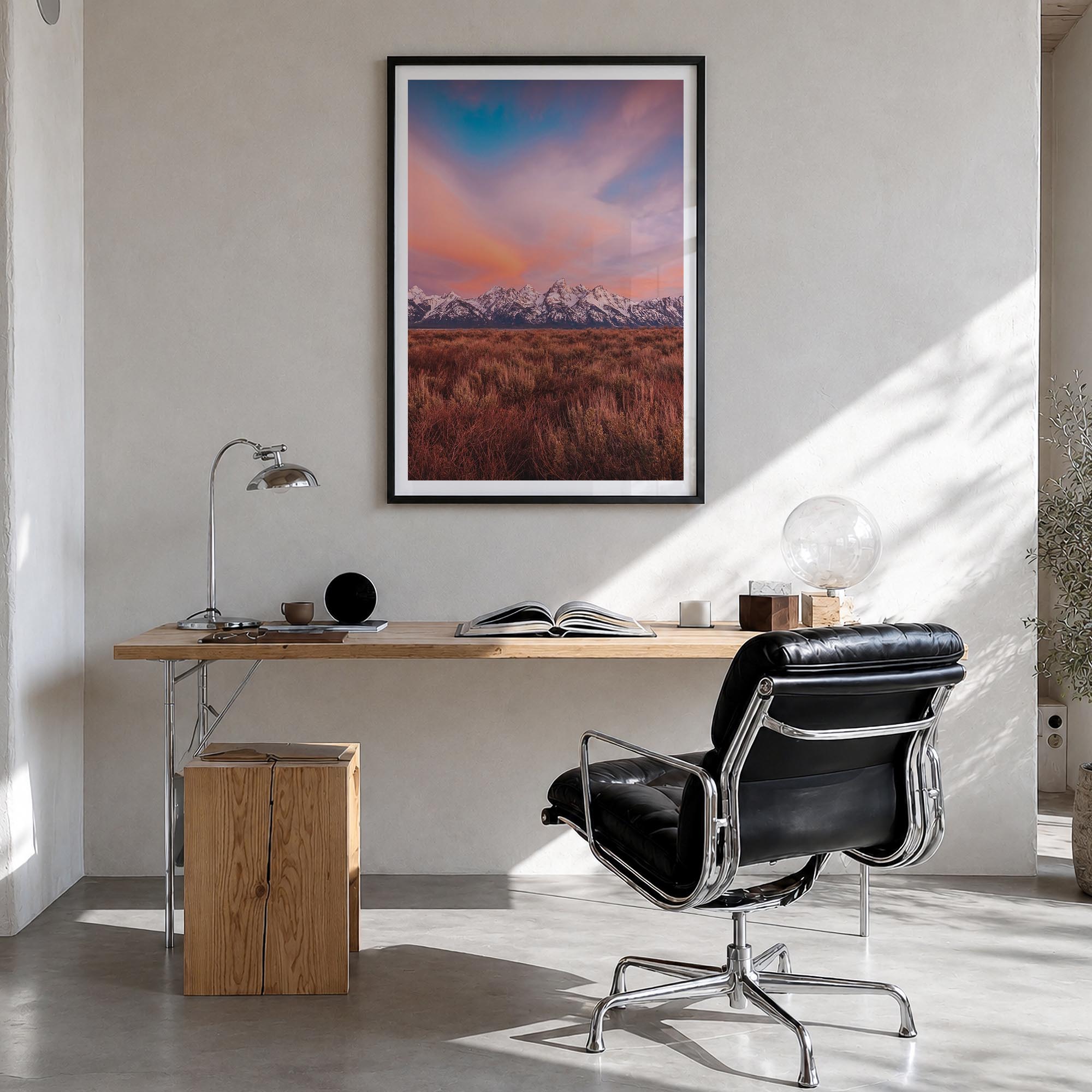 Grand Teton National Park no. 2 colorful photo poster of Wyoming, USA – vertical wall art in black wood frame with white bord