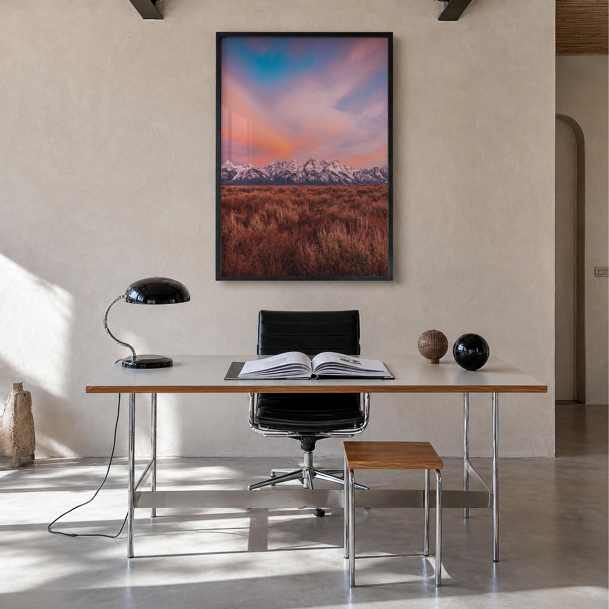 Grand Teton National Park no. 2 colorful photo poster of Wyoming, USA – vertical wall art in black wood frame, hanging on wal