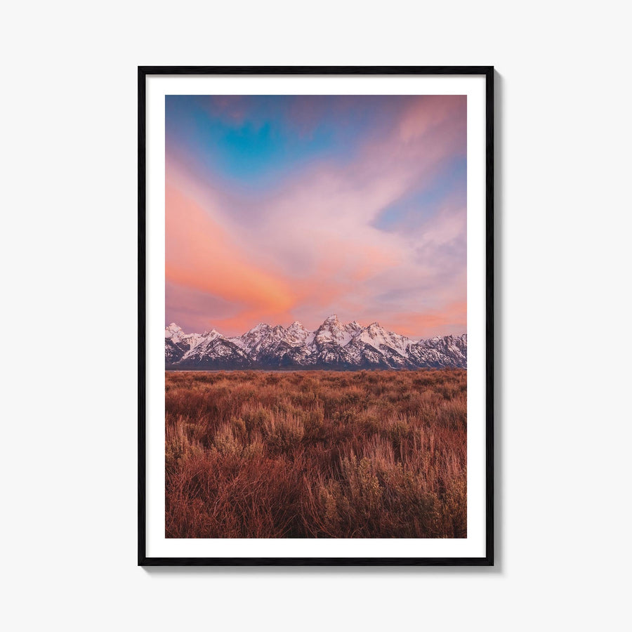 Grand Teton National Park no. 2 colorful photo poster of Wyoming, USA – vertical wall art, unframed print shown in interior m