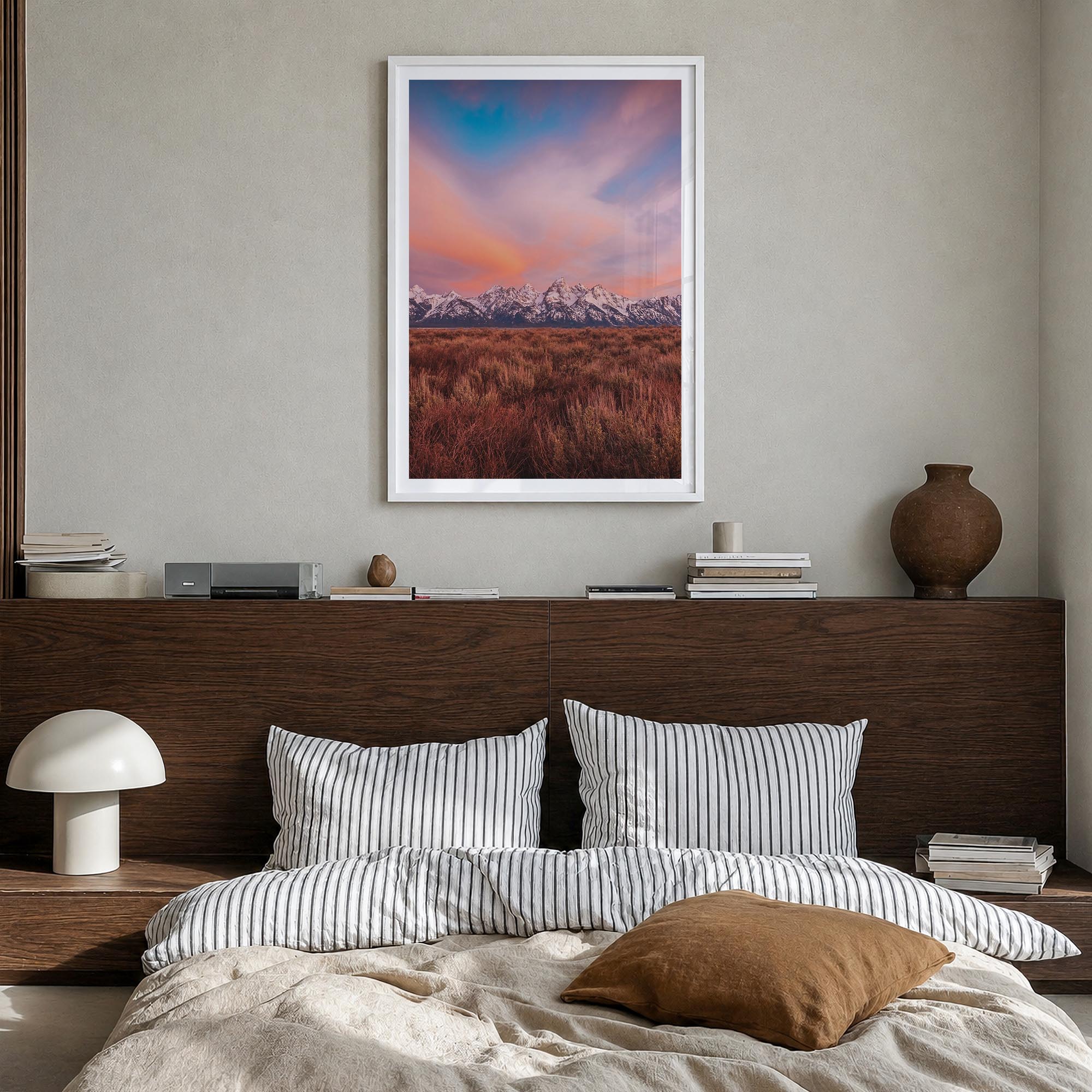 Grand Teton National Park no. 2 colorful photo poster of Wyoming, USA – vertical wall art in white wood frame with white bord