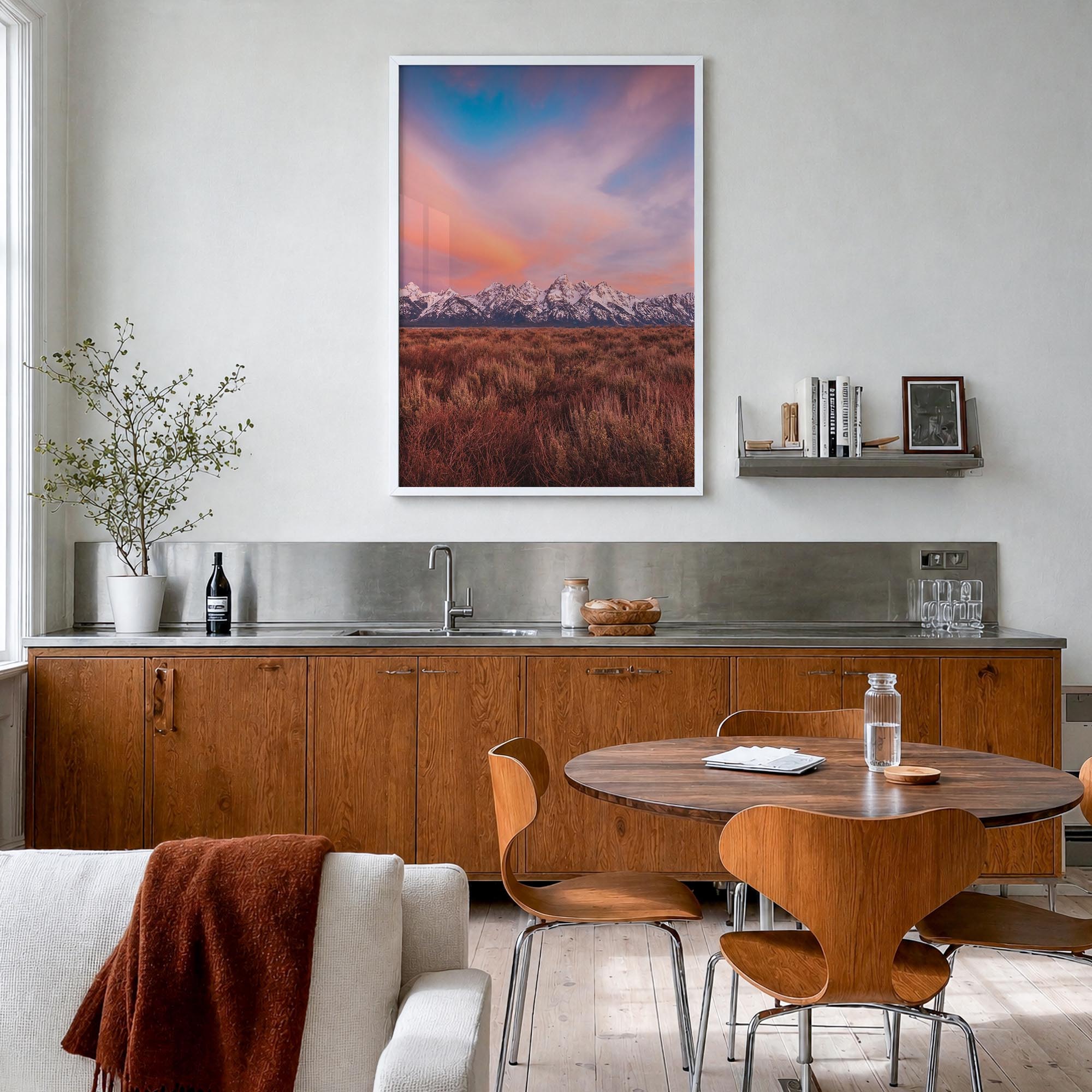 Grand Teton National Park no. 2 colorful photo poster of Wyoming, USA – vertical wall art in white wood frame, hanging on wal