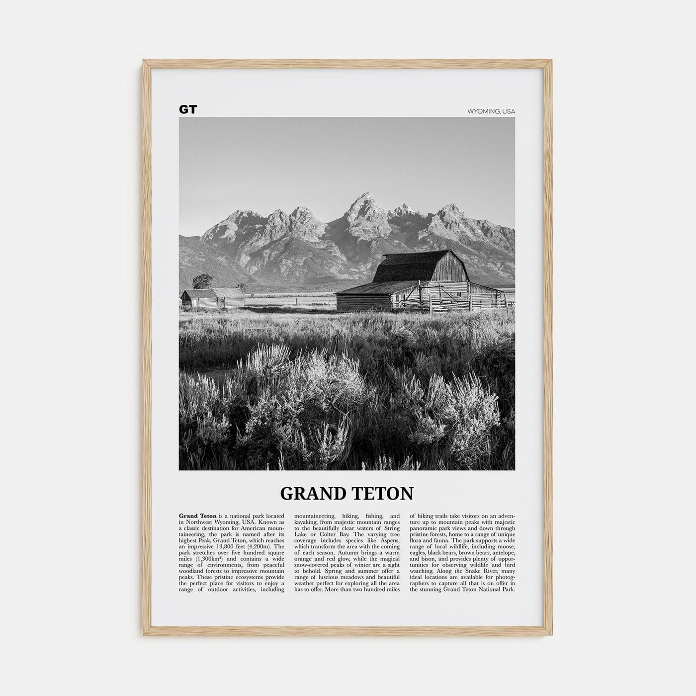 Grand Teton National Park No 2 Poster Natural Wood / 8x12 in Nbourhood Travel B&W Poster