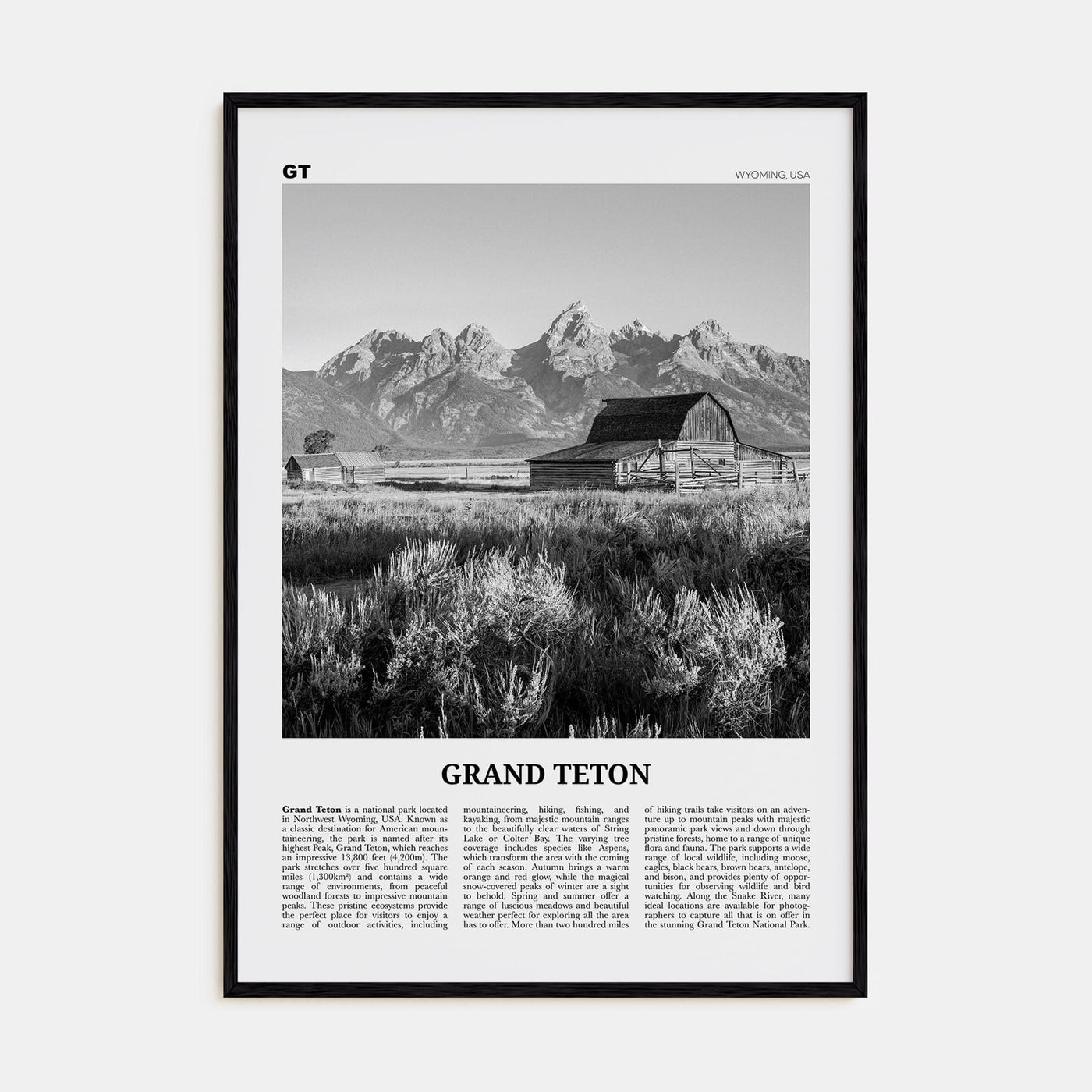 Grand Teton National Park No 2 Poster Black Wood / 8x12 in Nbourhood Travel B&W Poster