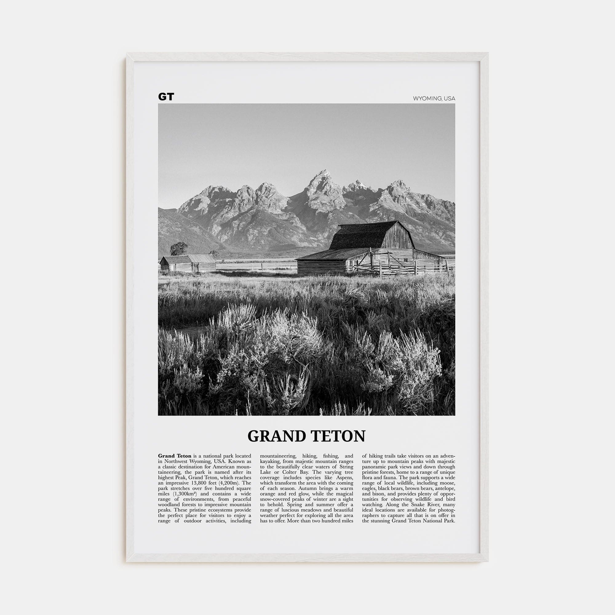 Grand Teton National Park No 2 Poster White Wood / 8x12 in Nbourhood Travel B&W Poster