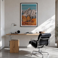 Grand Teton National Park no. 3 colorful photo poster of Wyoming, USA – vertical wall art in black wood frame with white bord