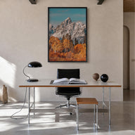Grand Teton National Park no. 3 colorful photo poster of Wyoming, USA – vertical wall art in black wood frame, hanging on wal