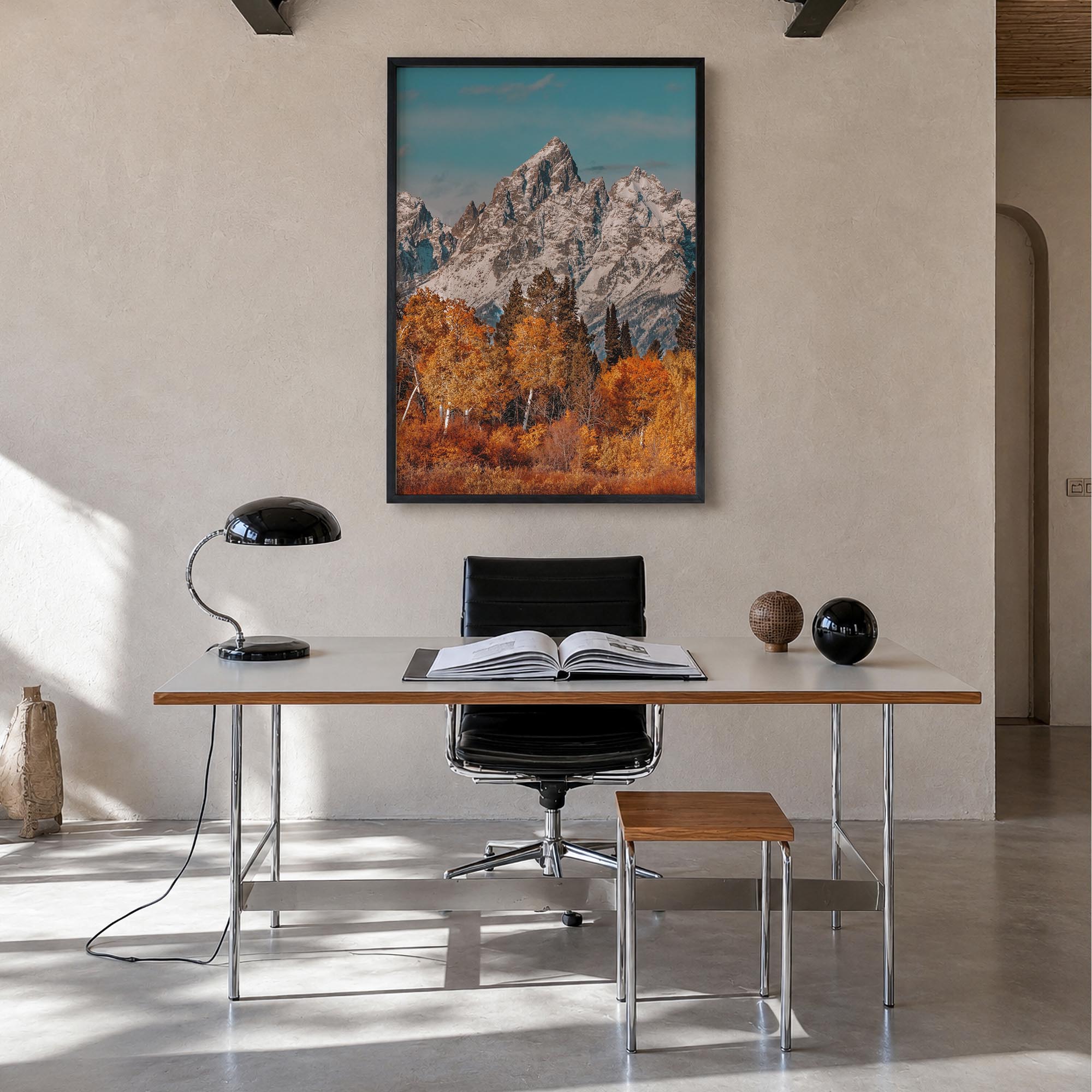 Grand Teton National Park no. 3 colorful photo poster of Wyoming, USA – vertical wall art in black wood frame, hanging on wal