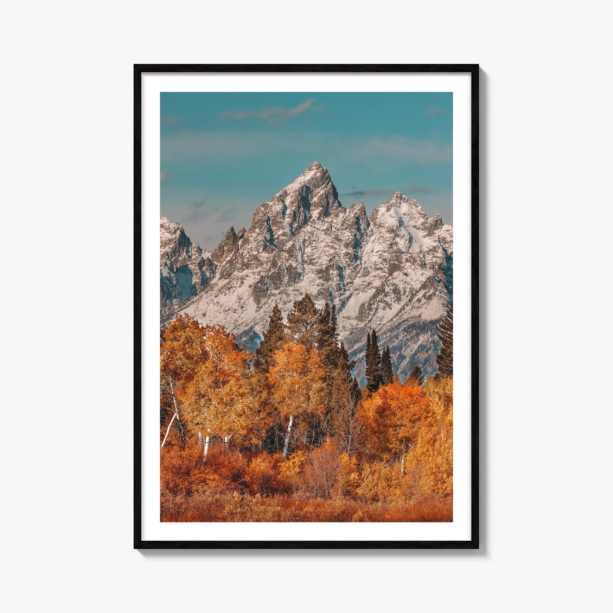 Grand Teton National Park no. 3 colorful photo poster of Wyoming, USA – vertical wall art, unframed print shown in interior m
