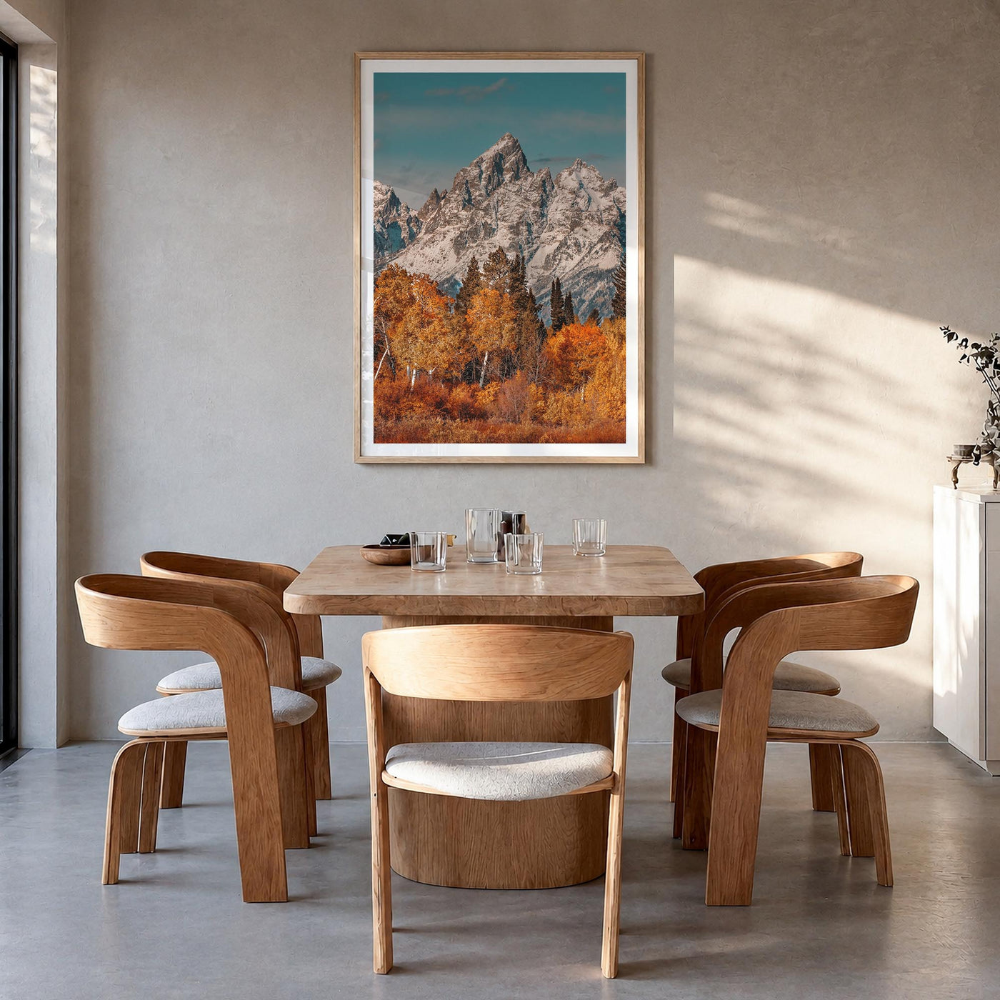 Grand Teton National Park no. 3 colorful photo poster of Wyoming, USA – vertical wall art in natural wood frame with white bo