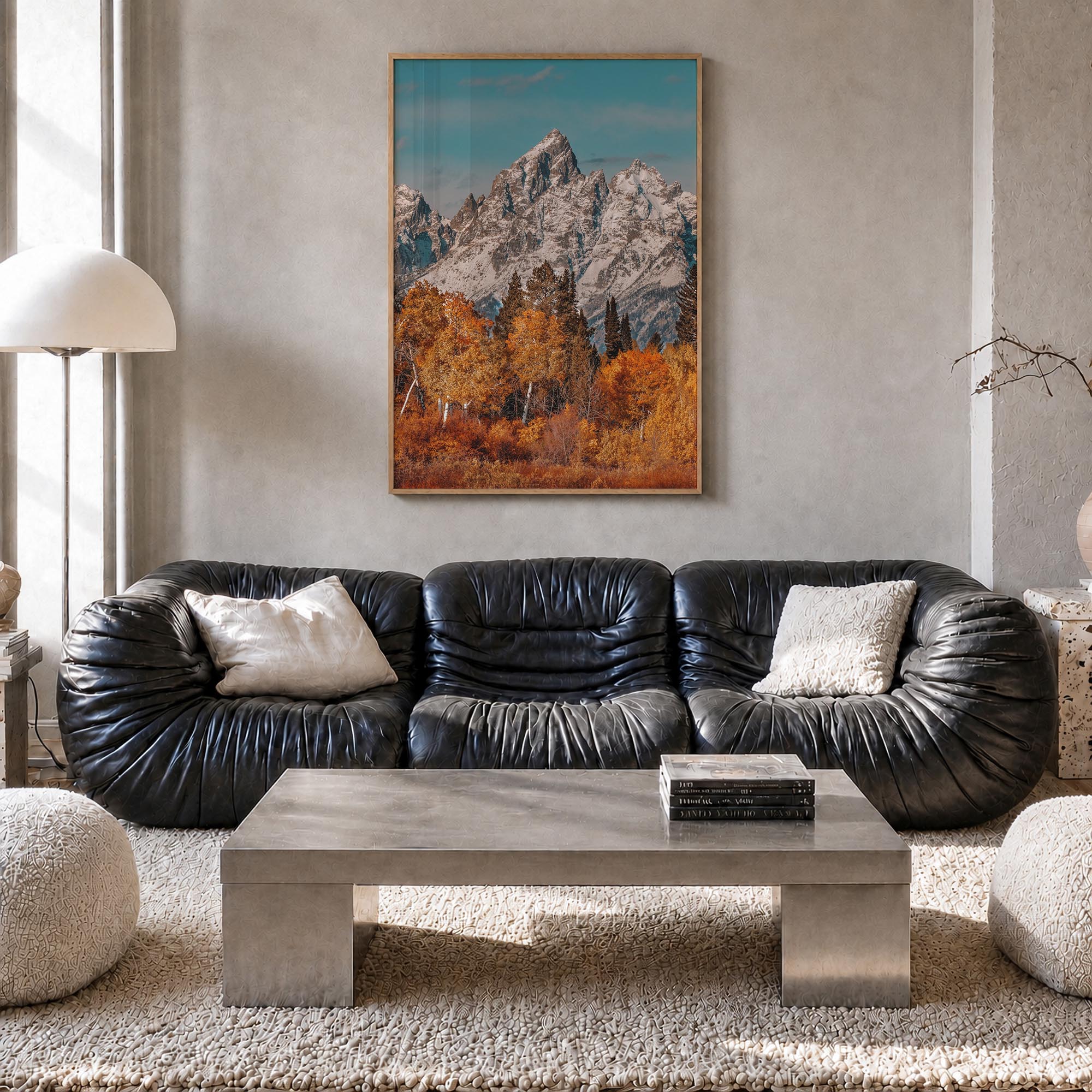 Grand Teton National Park no. 3 colorful photo poster of Wyoming, USA – vertical wall art in natural wood frame, hanging on w
