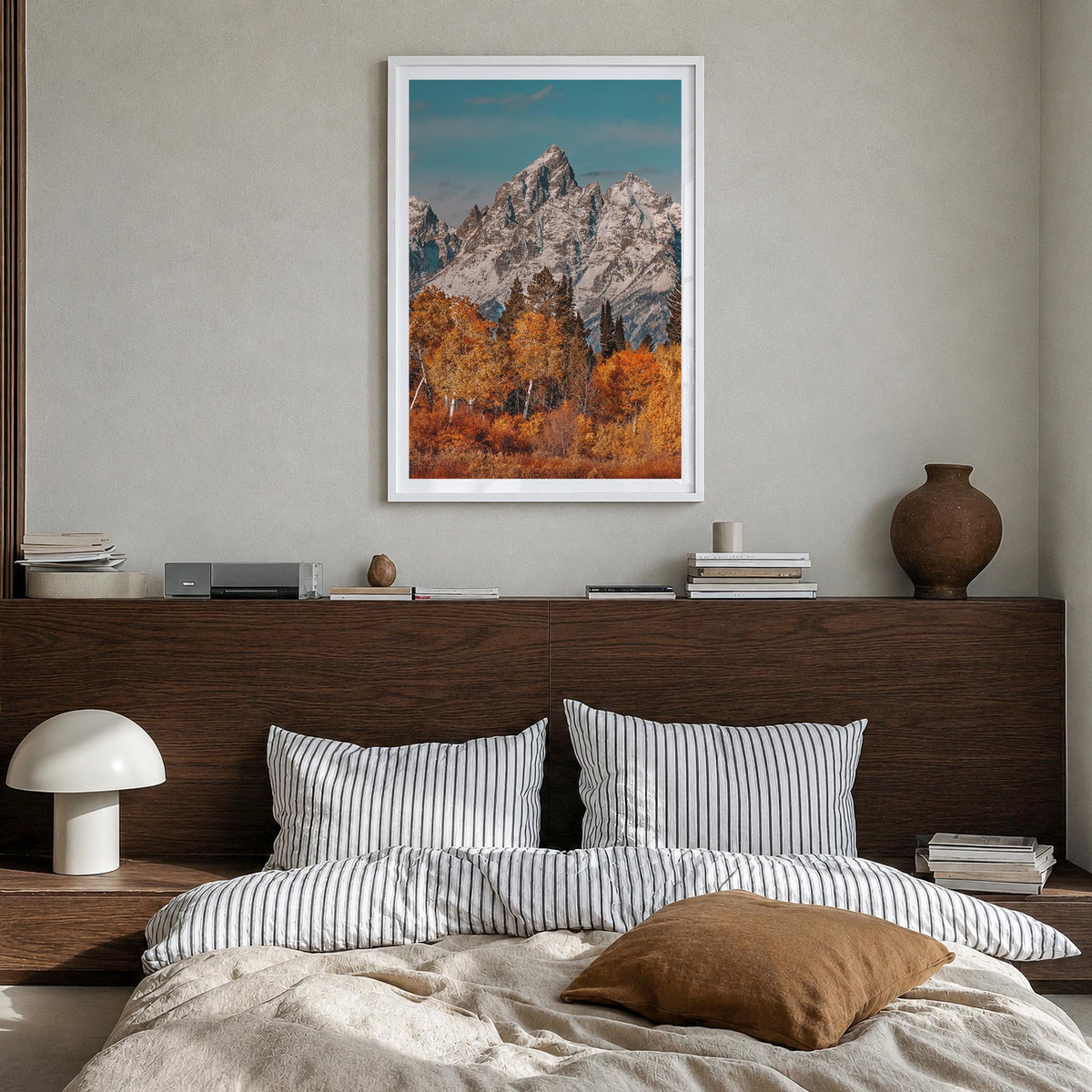 Grand Teton National Park no. 3 colorful photo poster of Wyoming, USA – vertical wall art in white wood frame with white bord