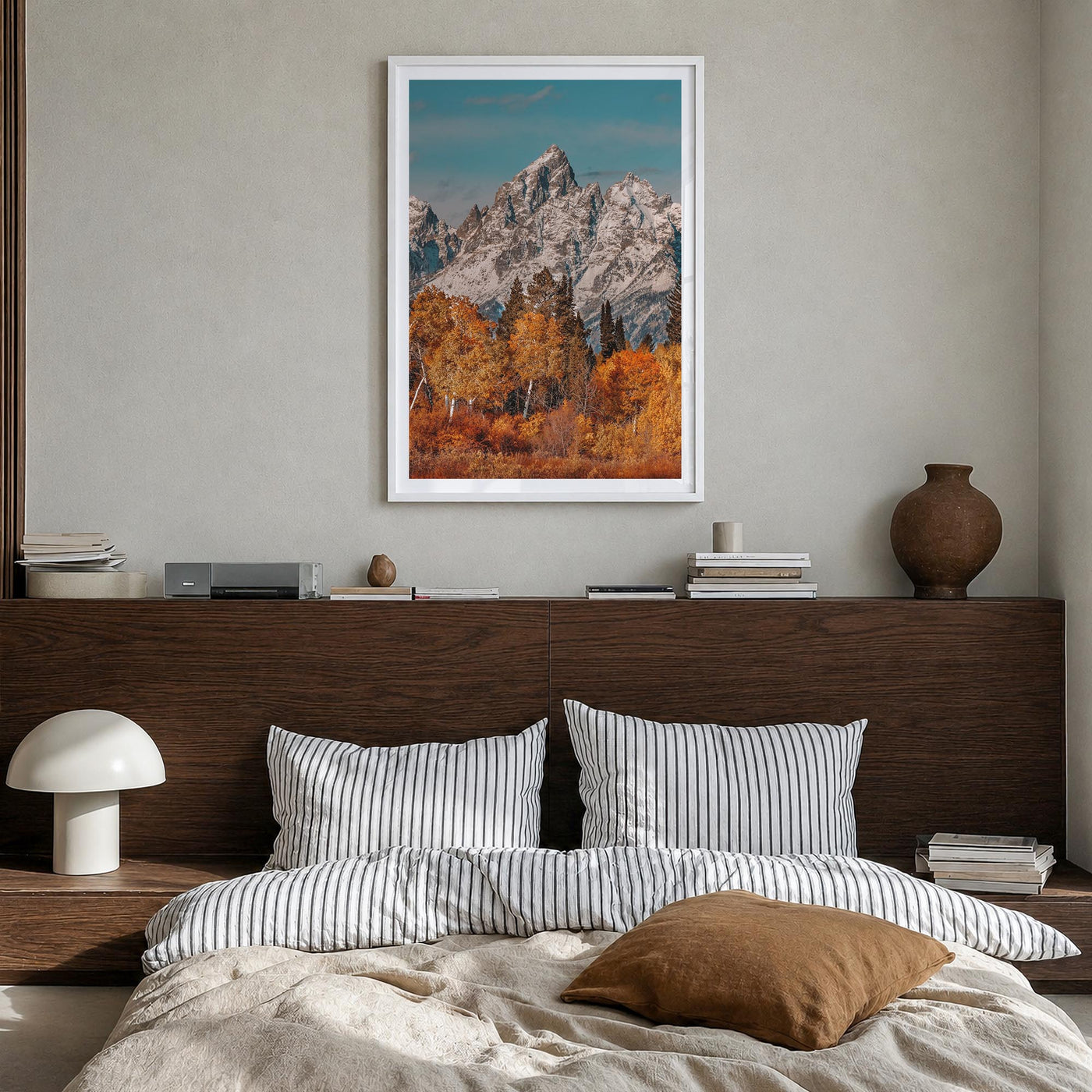Grand Teton National Park no. 3 colorful photo poster of Wyoming, USA – vertical wall art in white wood frame with white bord
