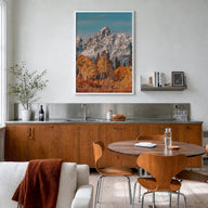 Grand Teton National Park no. 3 colorful photo poster of Wyoming, USA – vertical wall art in white wood frame, hanging on wal