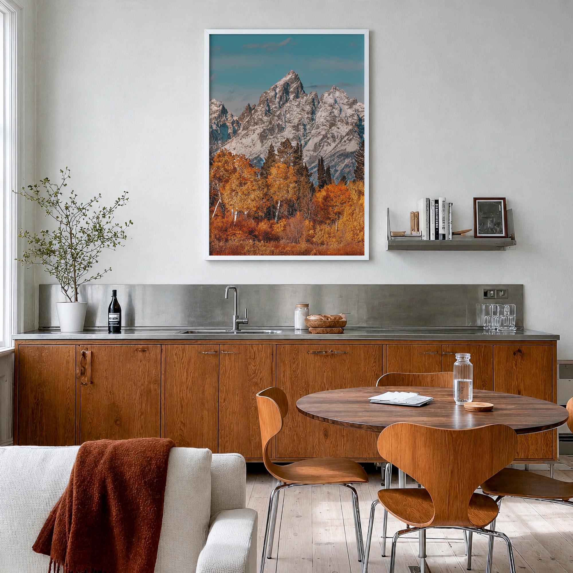 Grand Teton National Park no. 3 colorful photo poster of Wyoming, USA – vertical wall art in white wood frame, hanging on wal