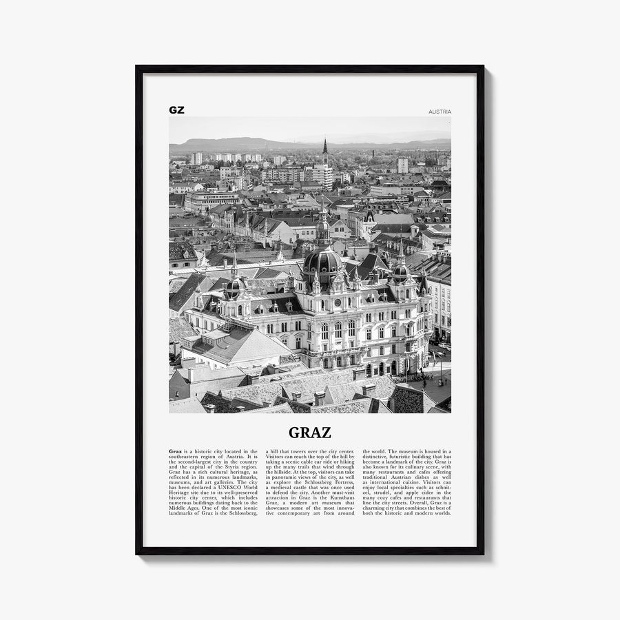Graz black & white newspaper poster of Austria – vertical wall art, unframed print shown in interior mockup