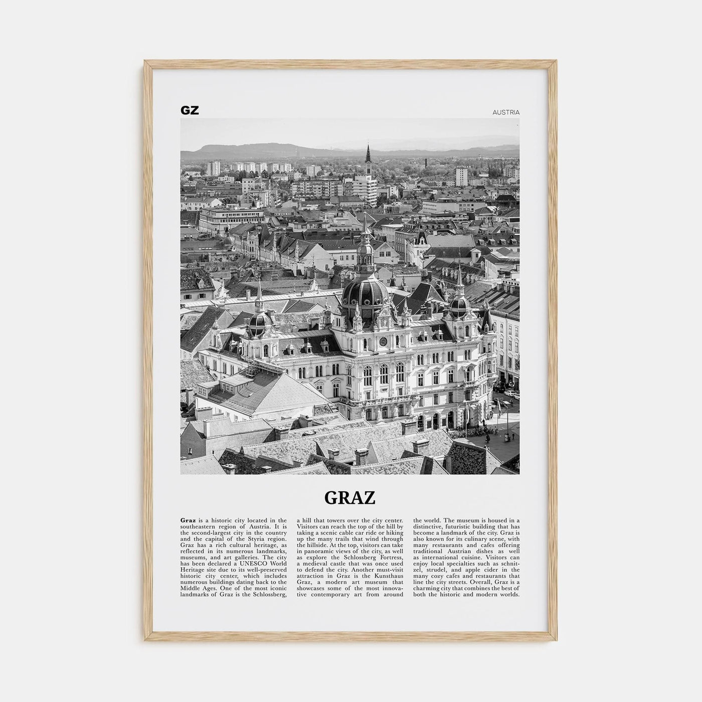 Graz Poster Natural Wood / 8x12 in Nbourhood Travel B&W Poster