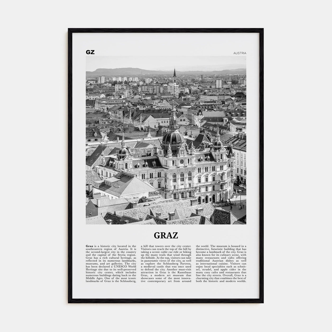 Graz Poster Black Wood / 8x12 in Nbourhood Travel B&W Poster