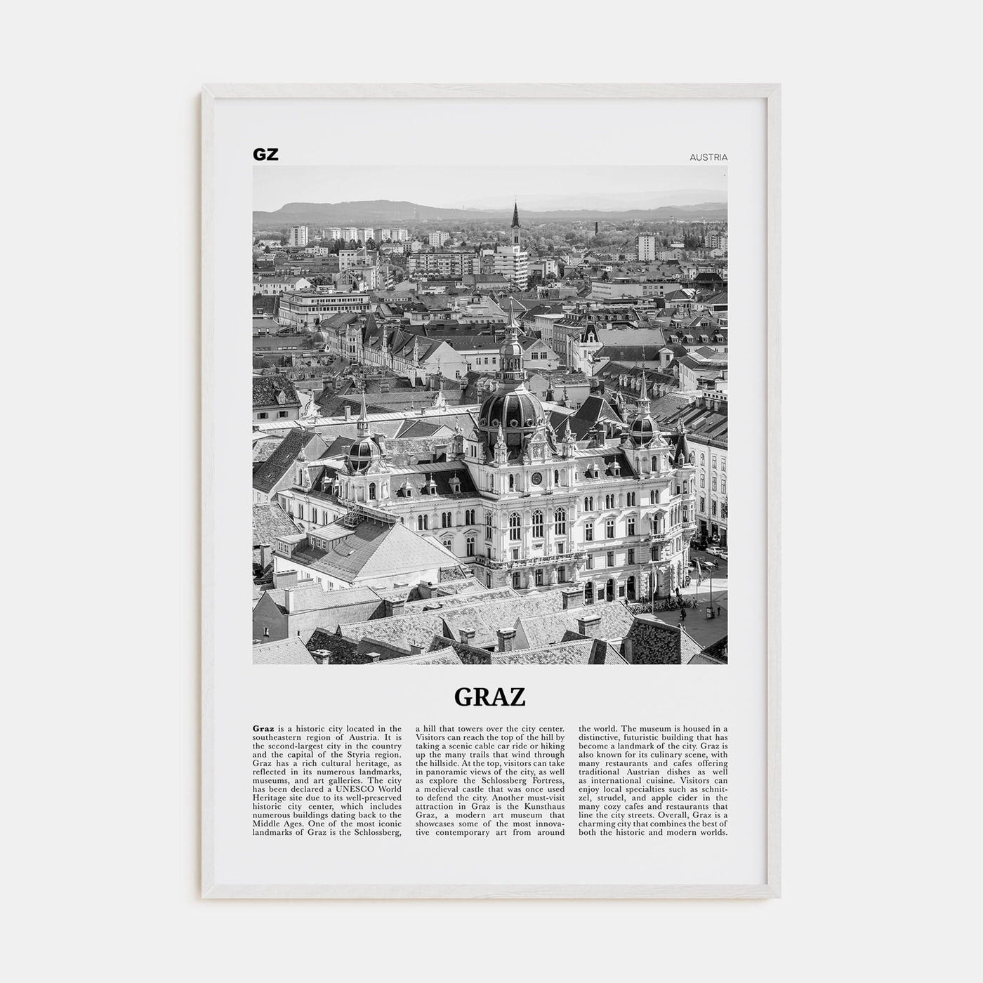 Graz Poster White Wood / 8x12 in Nbourhood Travel B&W Poster