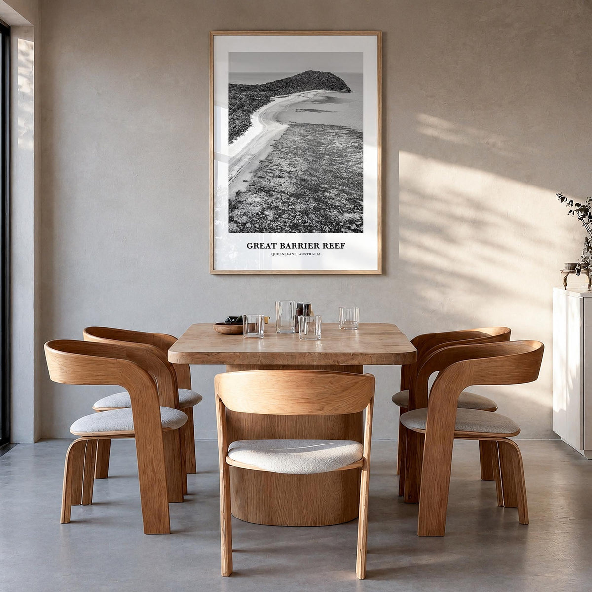 Great Barrier Reef black & white classic poster of Queensland, Australia – vertical wall art in natural wood frame, hanging o