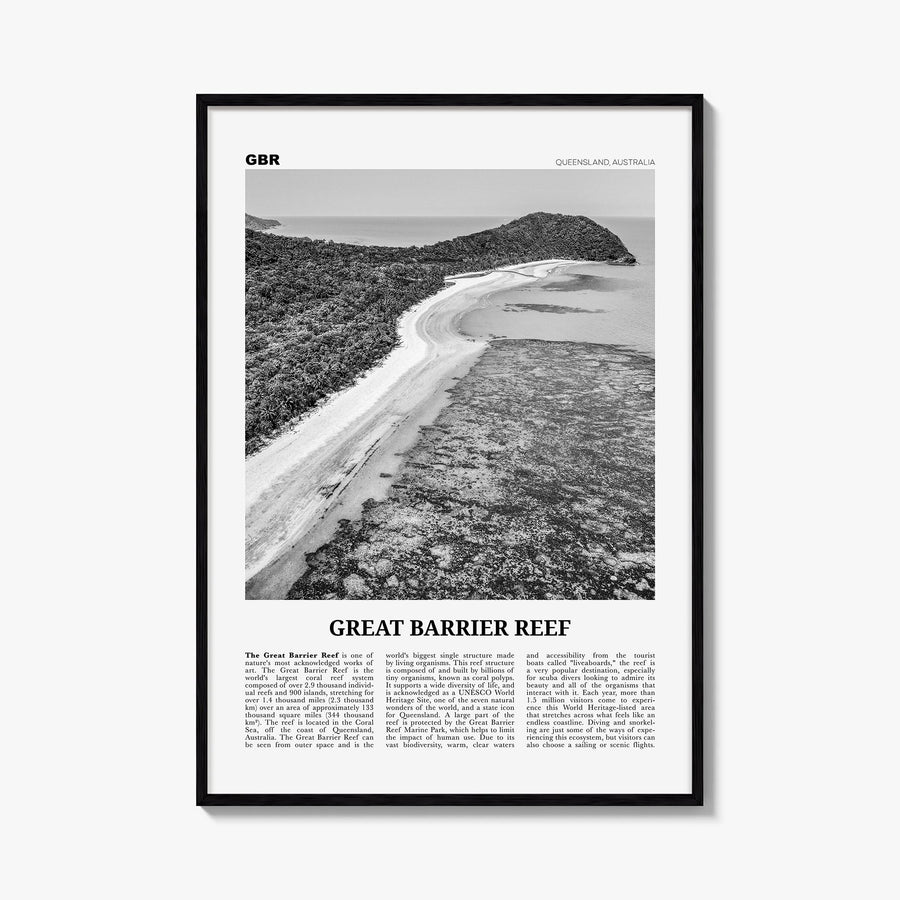 Great Barrier Reef black & white newspaper poster of Queensland, Australia – vertical wall art, unframed print shown in inter