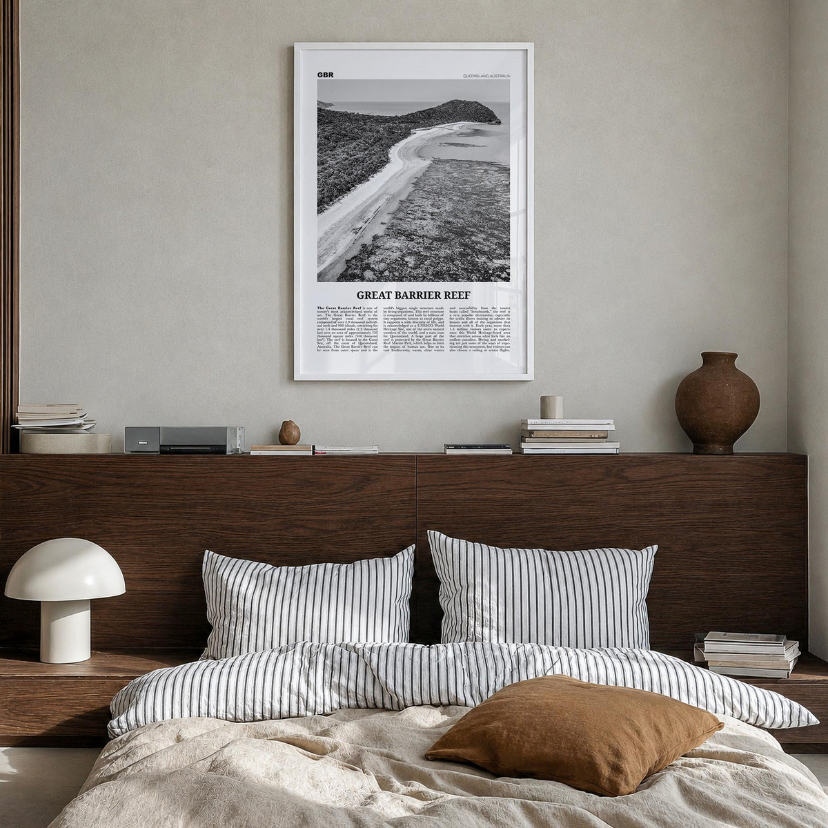 Great Barrier Reef black & white newspaper poster of Queensland, Australia – vertical wall art in white wood frame, hanging o